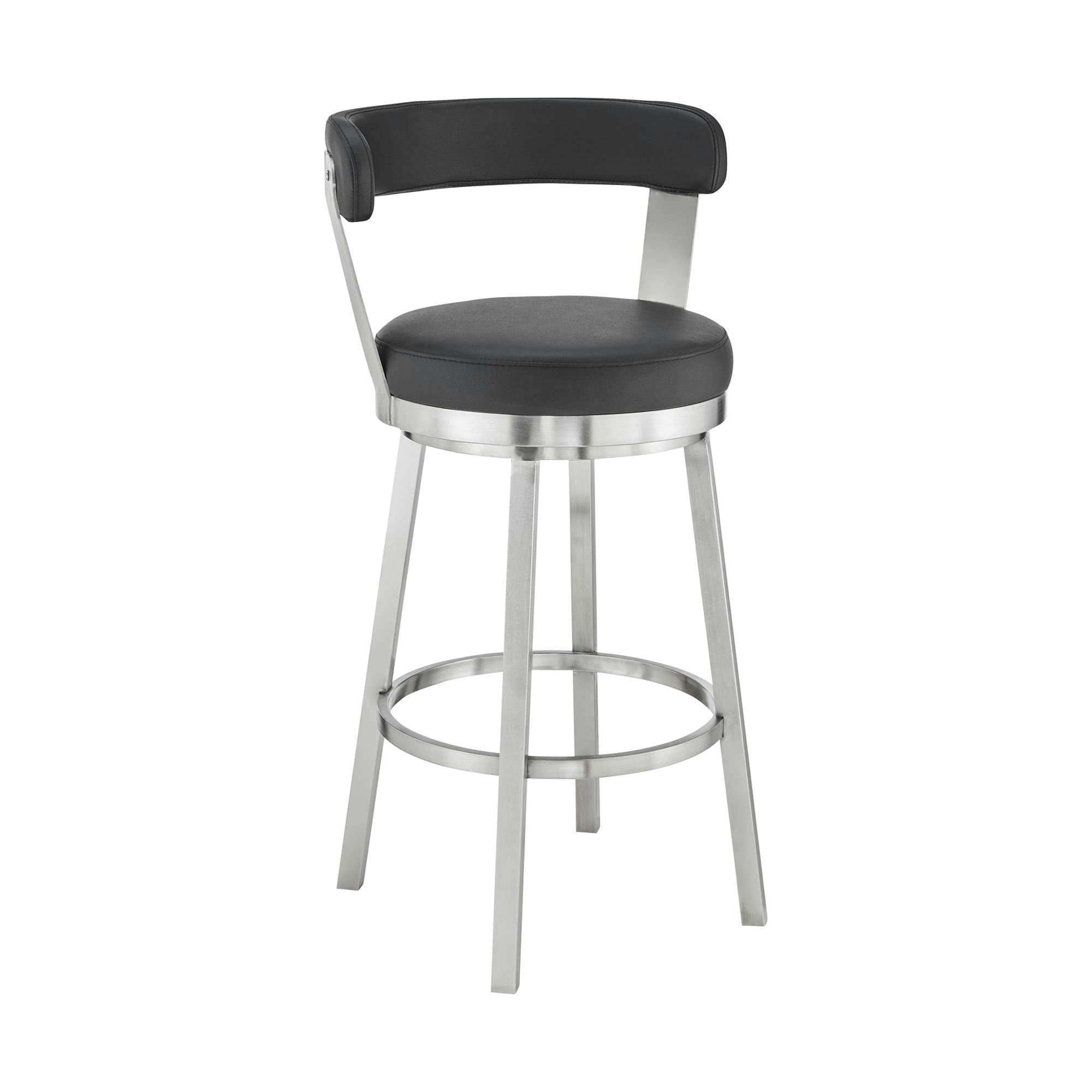 Contemporary 30" Black Faux Leather Swivel Bar Stool with Metal Base