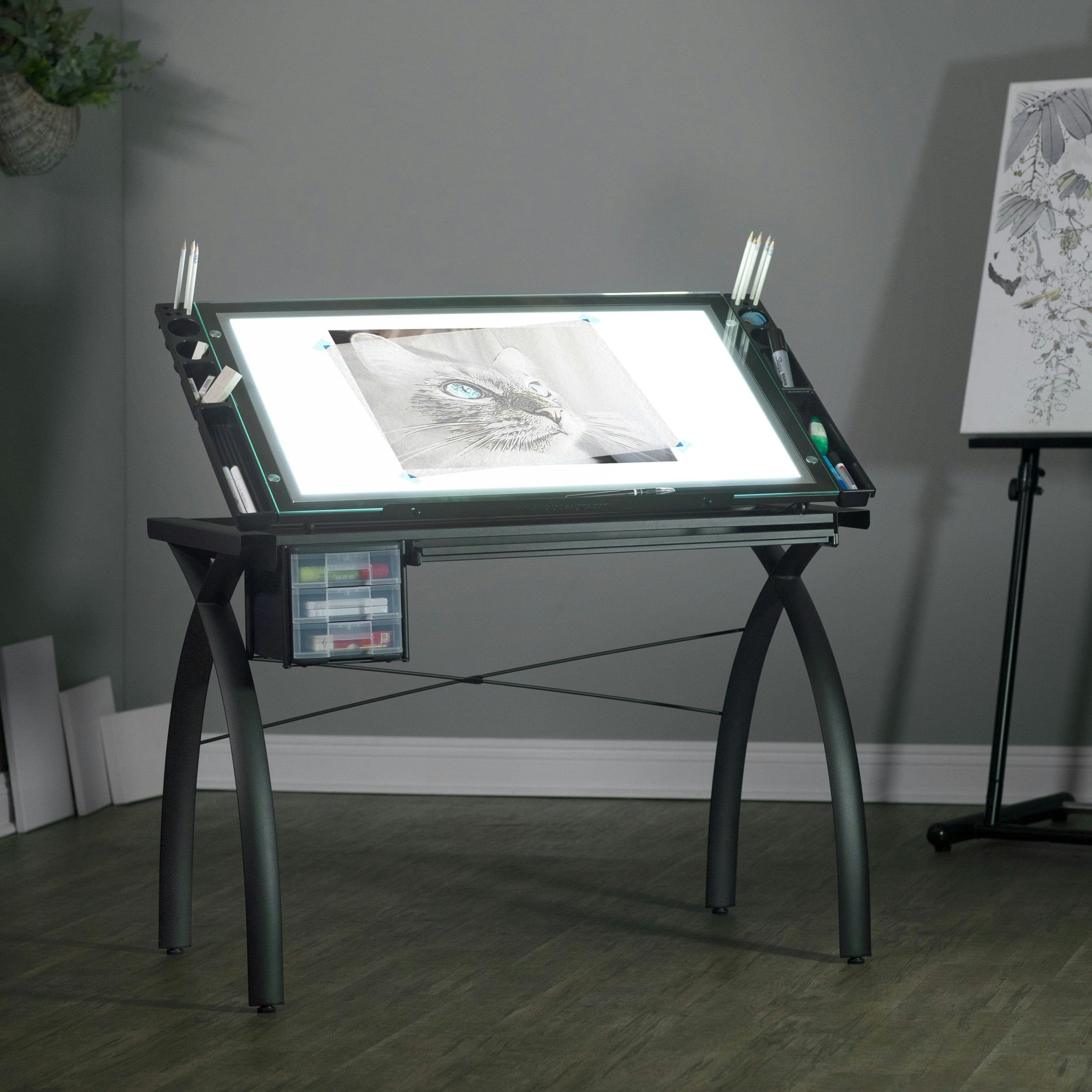 Agustina 43.25'' Brown Glass Top Adjustable Light Desk with Metal Base