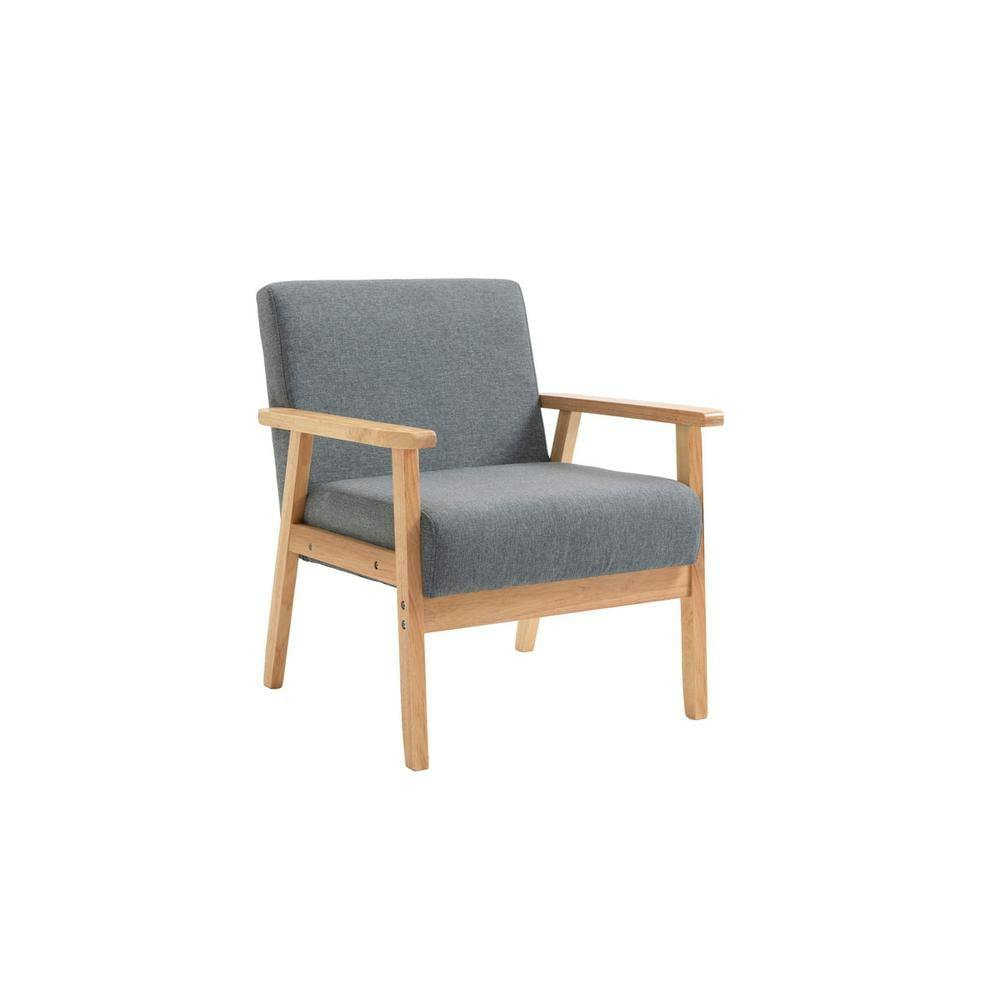 Elegant Mid-Century Modern Gray Linen and Wood Accent Chair