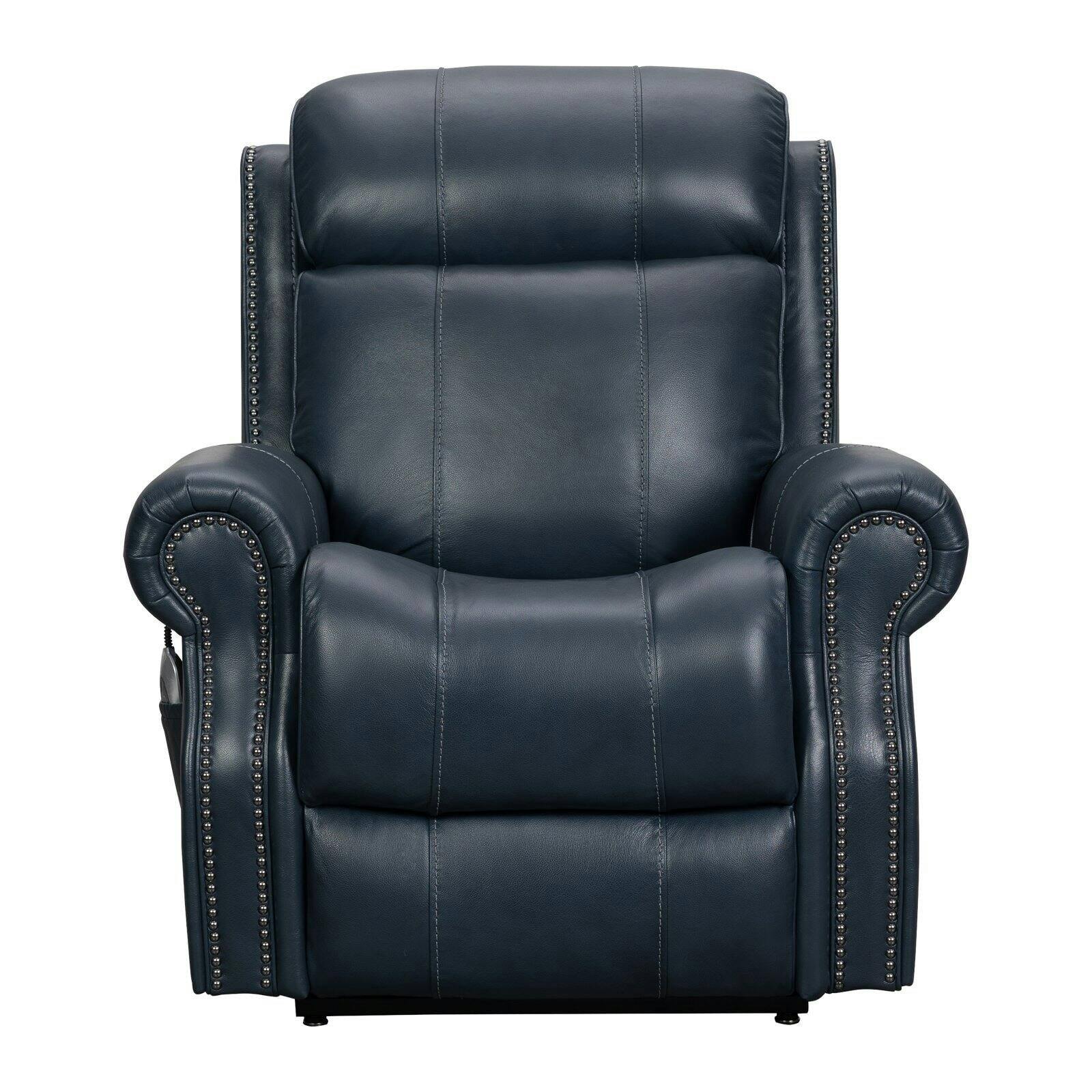 Traditional Blue Leather Lift Recliner with Wooden Accents