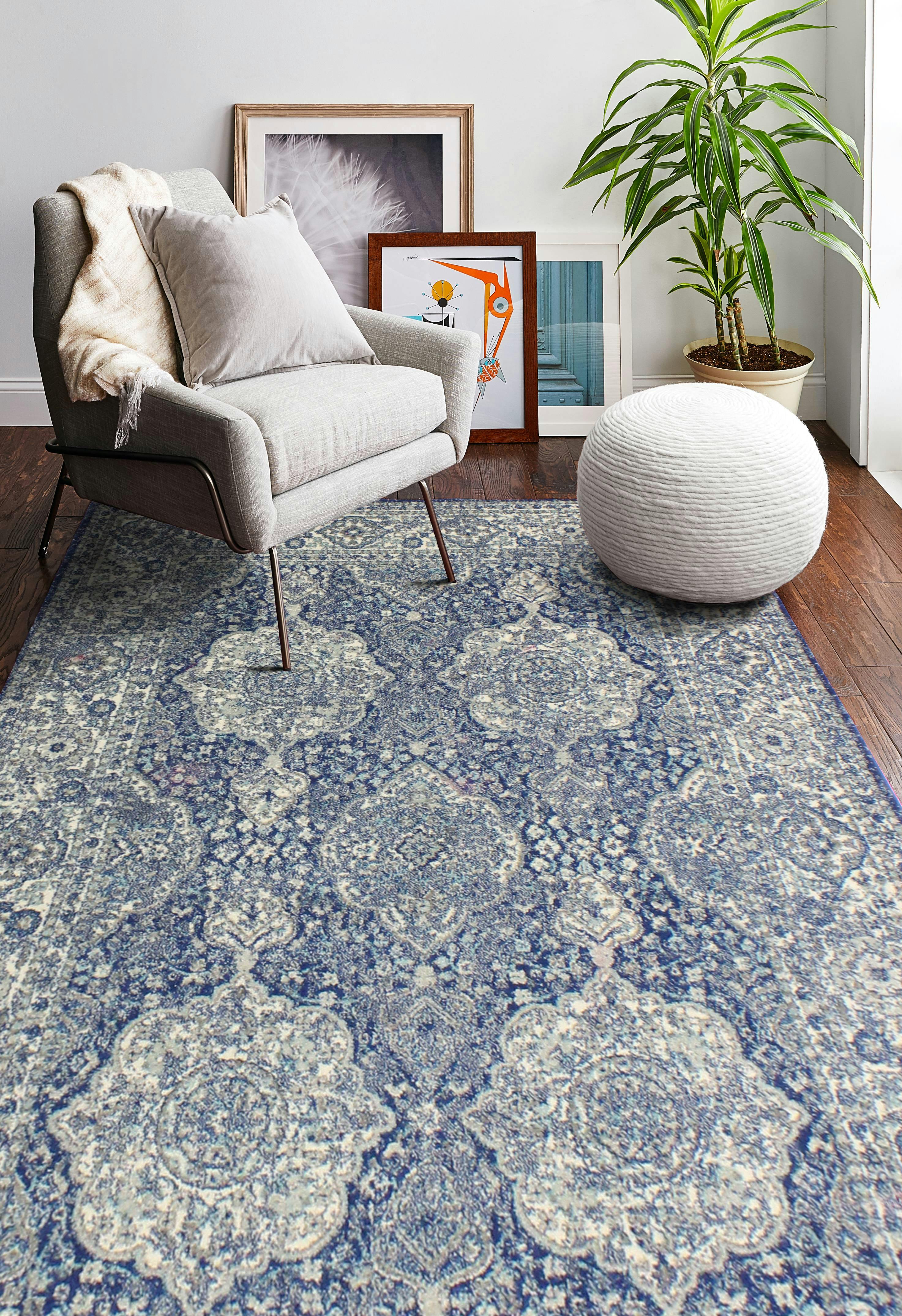 Dark Blue Synthetic 4'x6' Transitional Easy-Care Area Rug