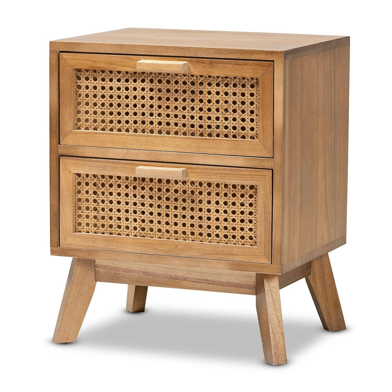 Walnut Brown Retro-Inspired 2-Drawer Rattan End Table