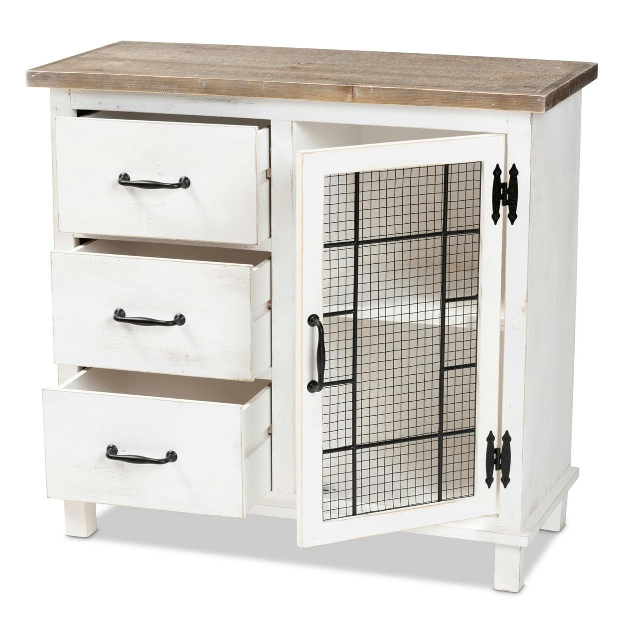 Faron Vintage Two-Tone White and Oak Brown Wood Cabinet with Metal Accents