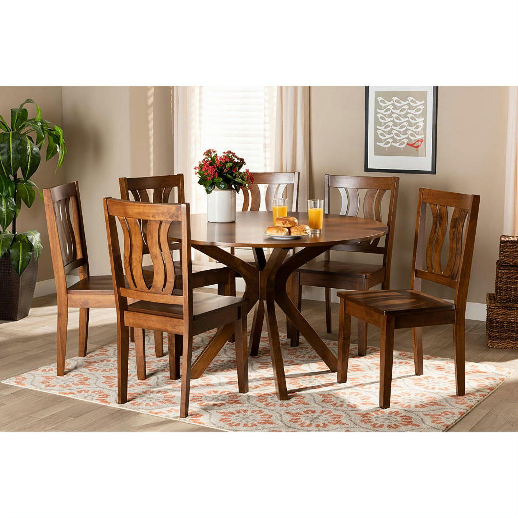 Walnut Brown Geometric Cut-Out 7-Piece Dining Set with Scoop Seats