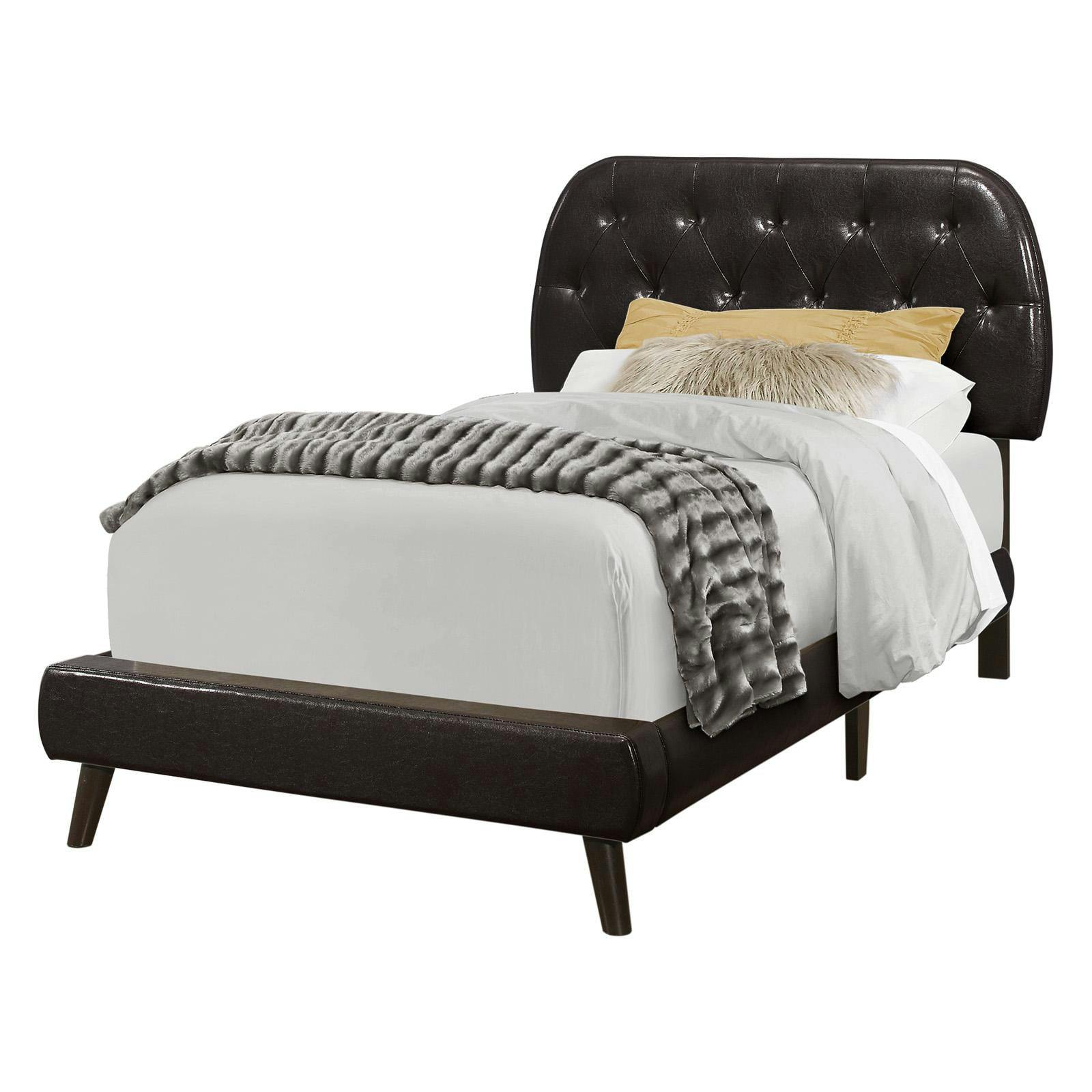 Contemporary Twin Platform Bed in Dark Brown Leather with Wood Legs