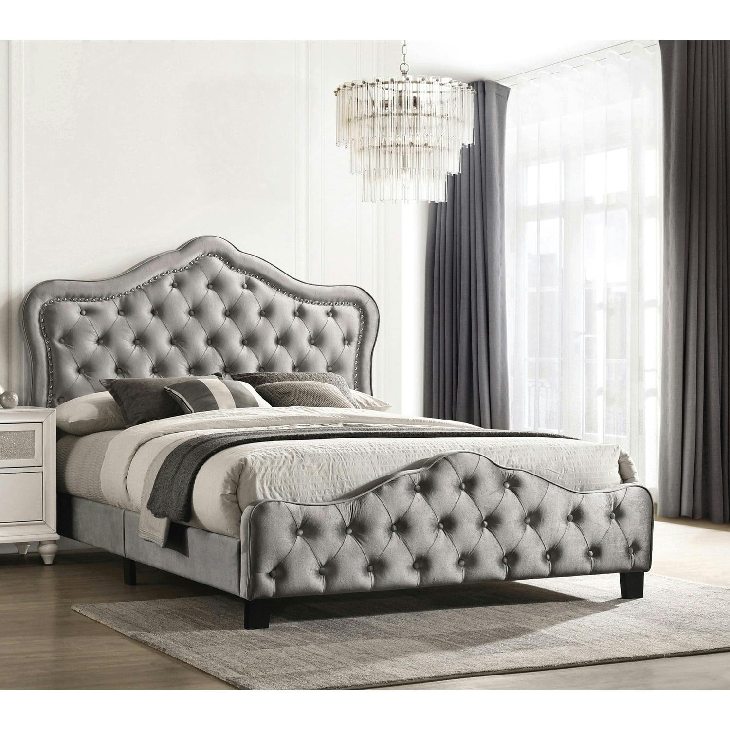 Transitional King-Size Gray Faux Leather Upholstered Bed with Nailhead Trim
