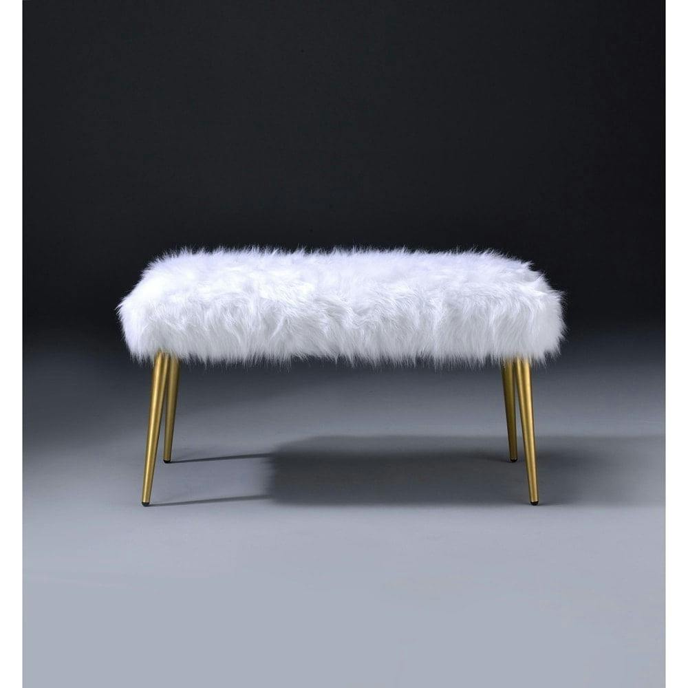 Glam White Faux Fur & Gold Metal Tapered Leg Bedroom Bench