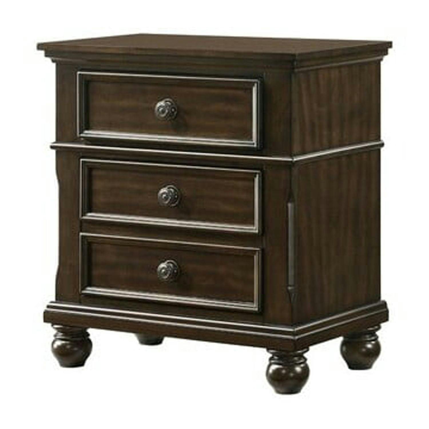 Transitional Solid Wood 3-Drawer Nightstand with Metal Knobs, Brown