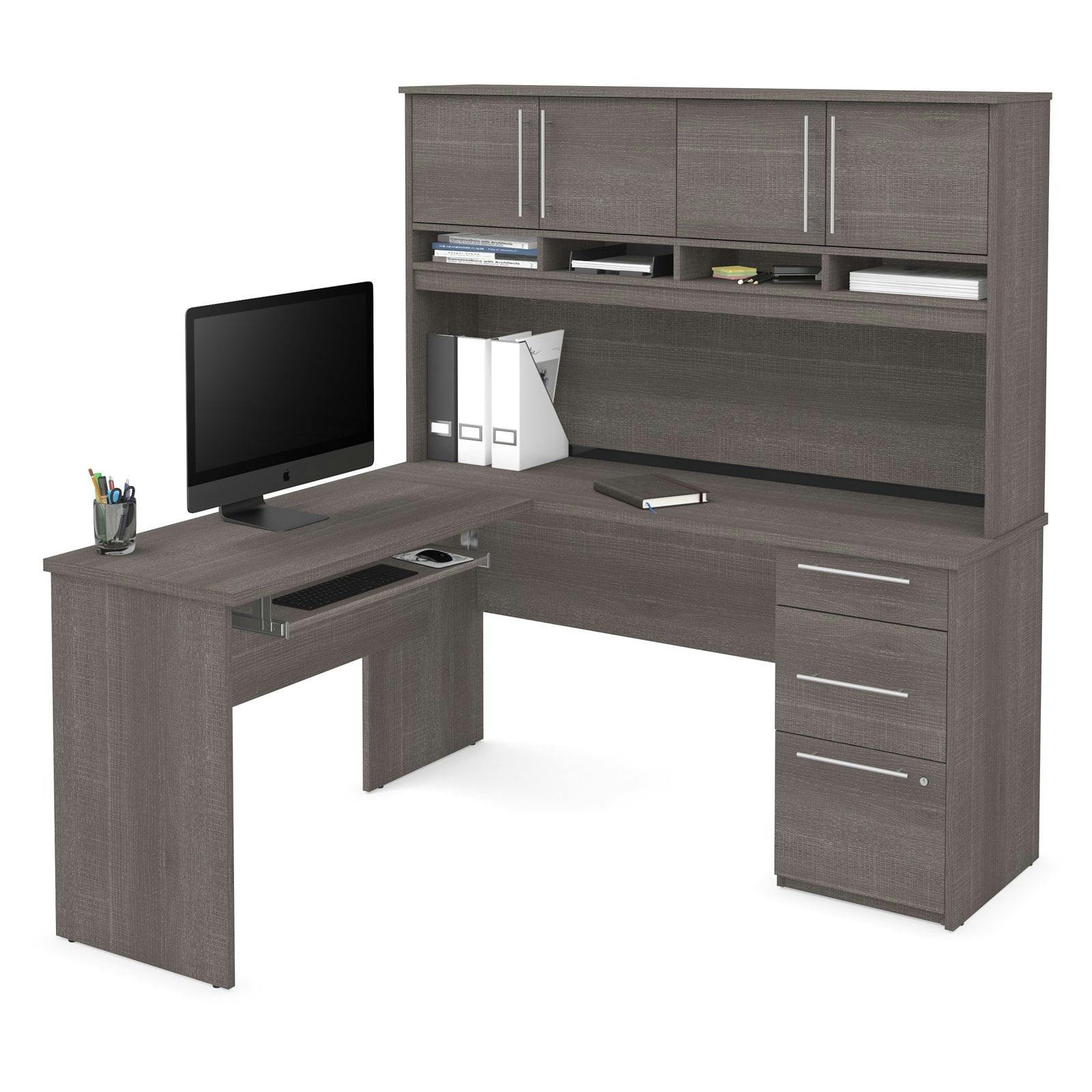 Contemporary Gray L-Shaped Computer Desk with Hutch and Storage