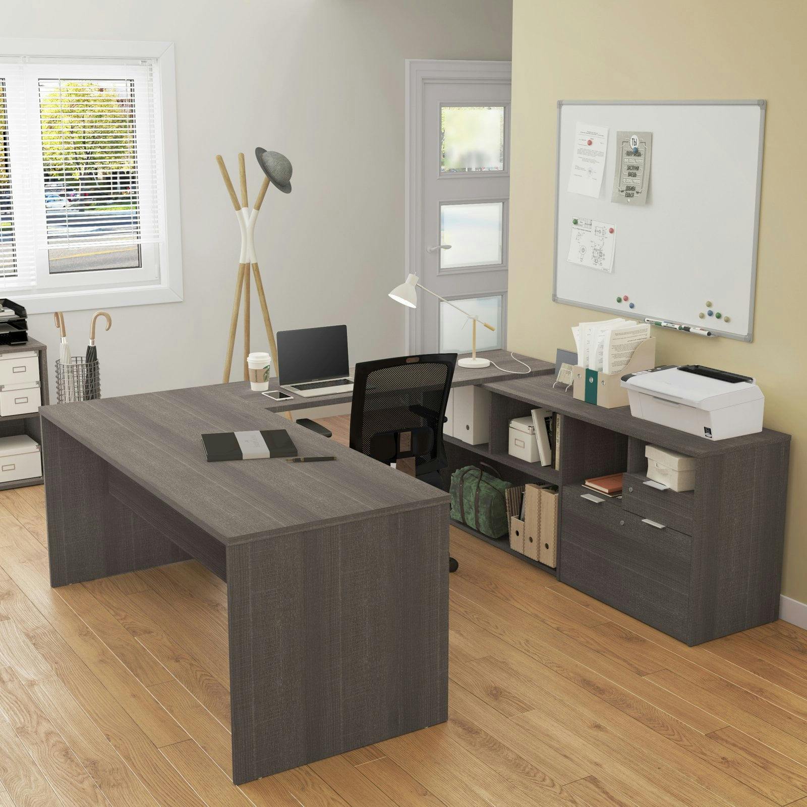 Bark Gray Executive U-Shaped Home Office Desk with Drawer