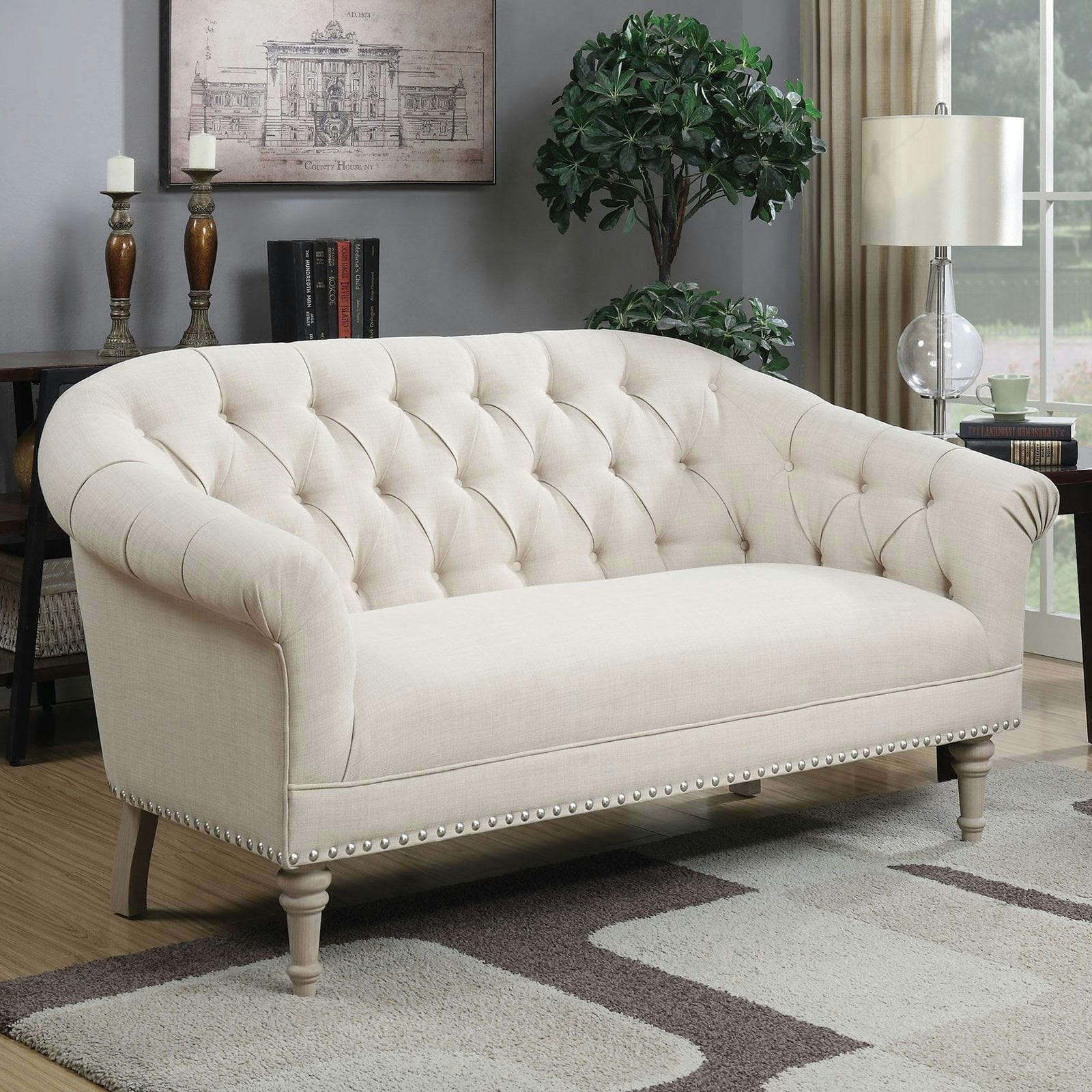 Elegant Transitional Tufted Loveseat with Nailhead Detail in Natural Gray
