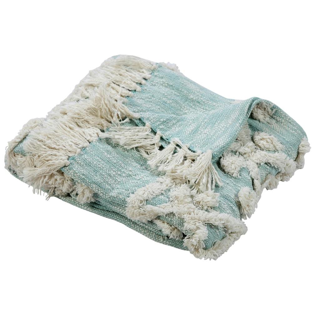 Sky Blue and White Organic Cotton Knitted Throw Blanket, 50" x 60"