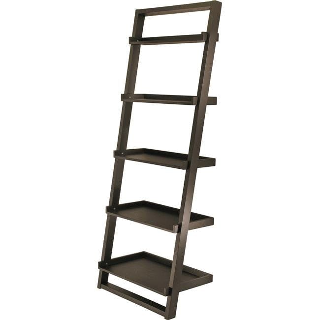 Industrial Black Wood 5-Tier Leaning Ladder Shelf