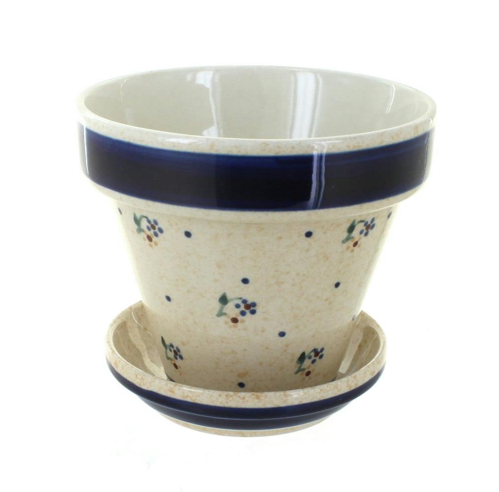 Country Meadow 5.5'' Blue Ceramic Small Flower Pot with Drainage Tray