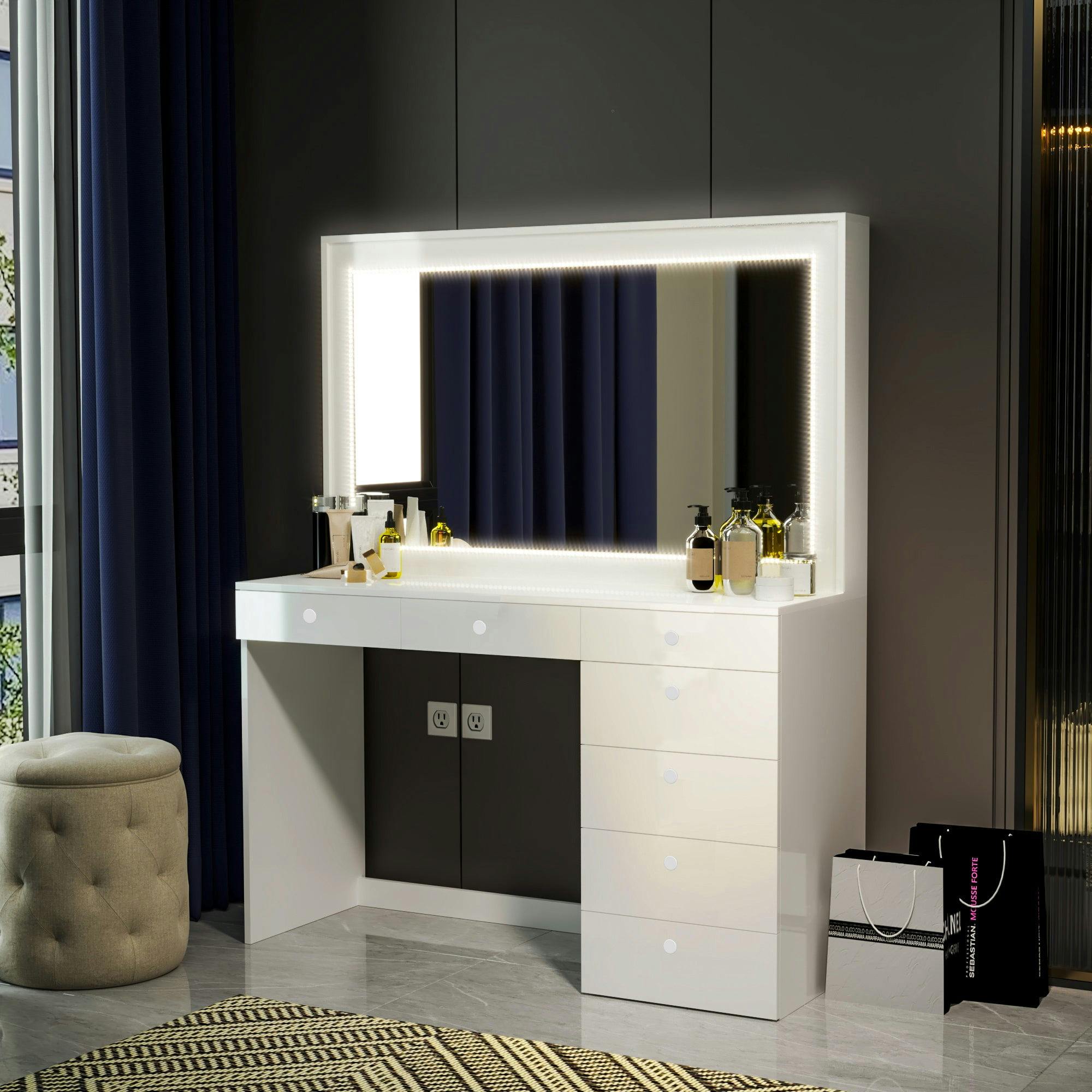 Boahaus Selene Modern White Lighted Vanity Table with 7 Drawers