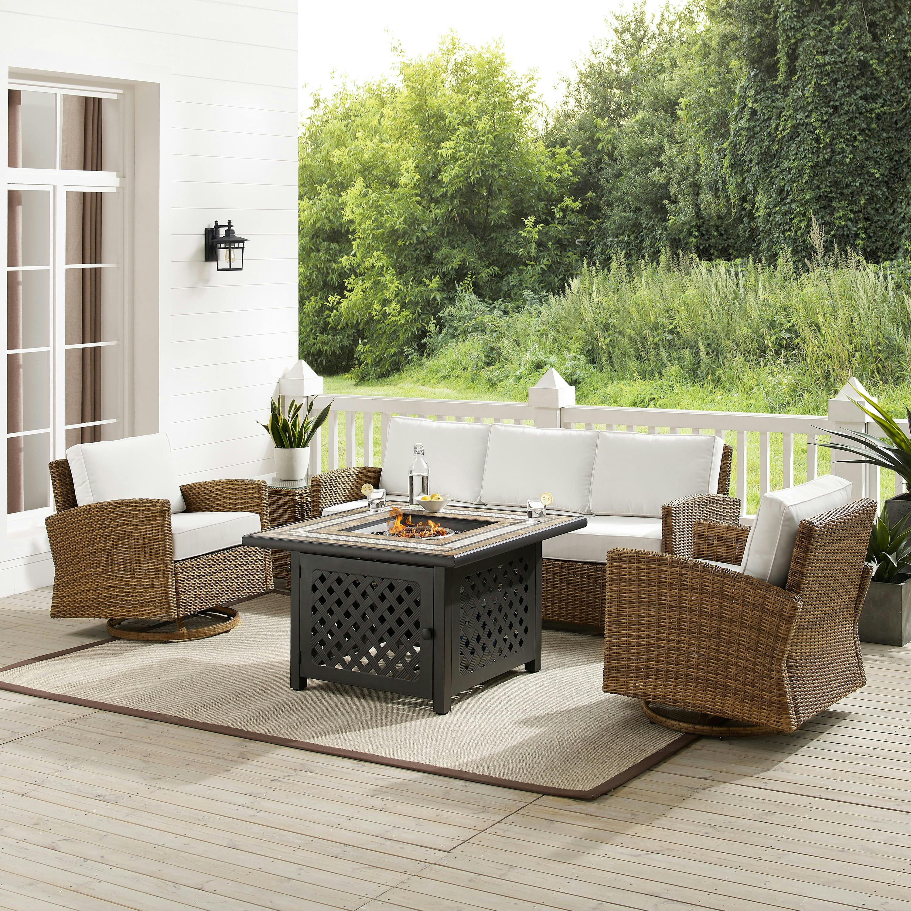 Bradenton 5Pc Outdoor Sofa Set with Swivel Rockers & Fire Table in Sunbrella White