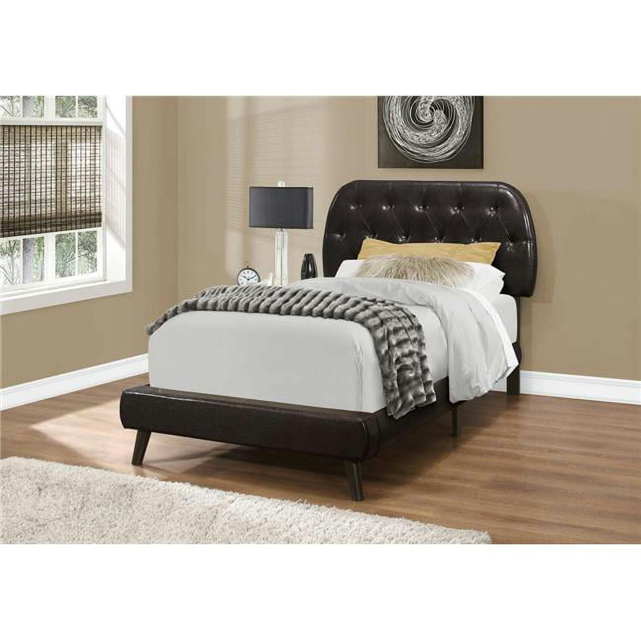 Contemporary Twin Platform Bed in Dark Brown Leather with Wood Legs
