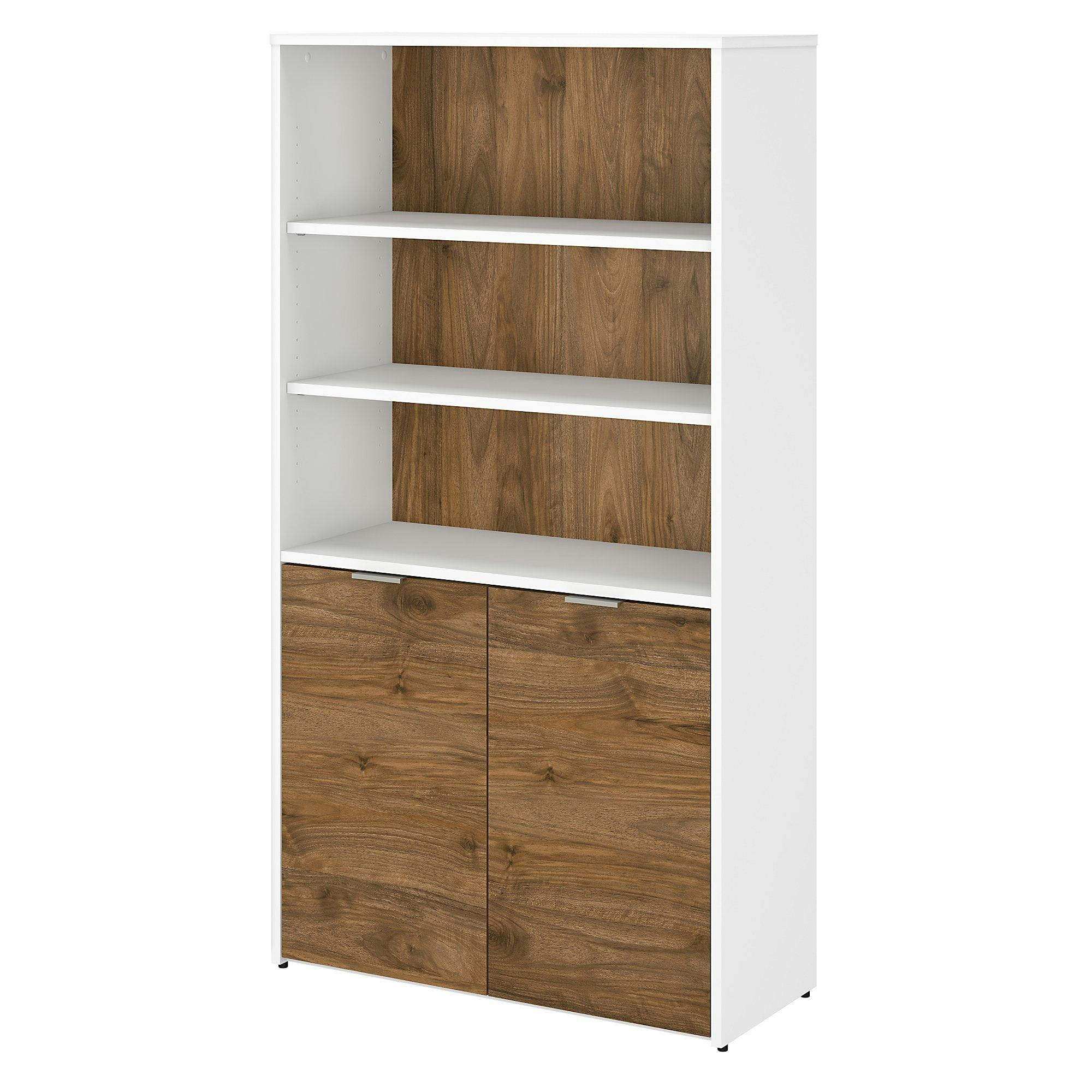 Adjustable Fresh Walnut & White Wood Composite Bookcase with Doors