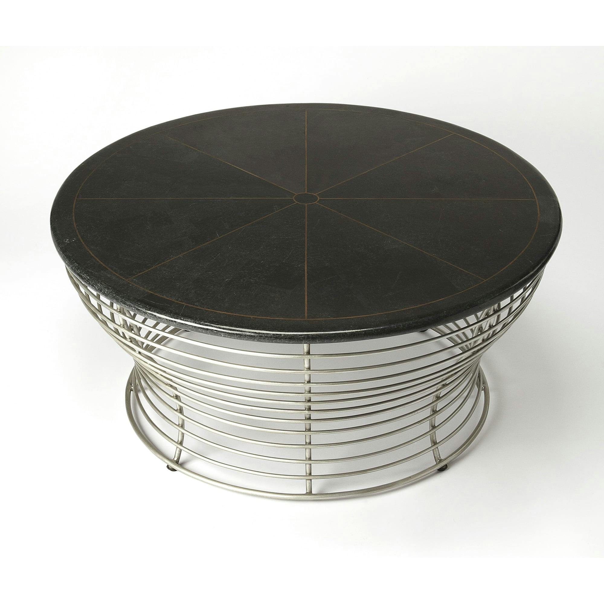 Triangular Black Fossil Stone & Silver Metal Coffee Table