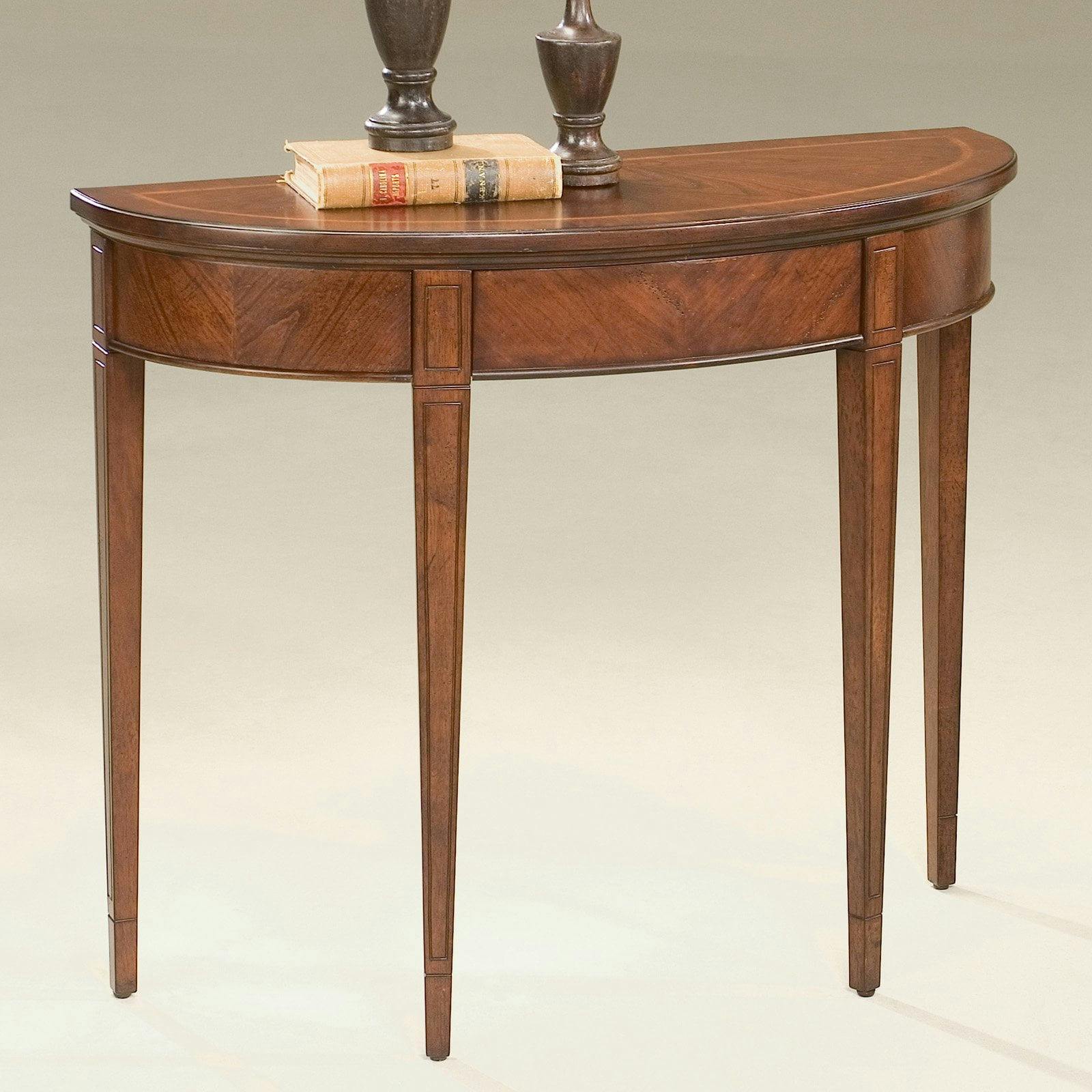 Elegant Plantation Cherry Demilune Console Table with Carved Details