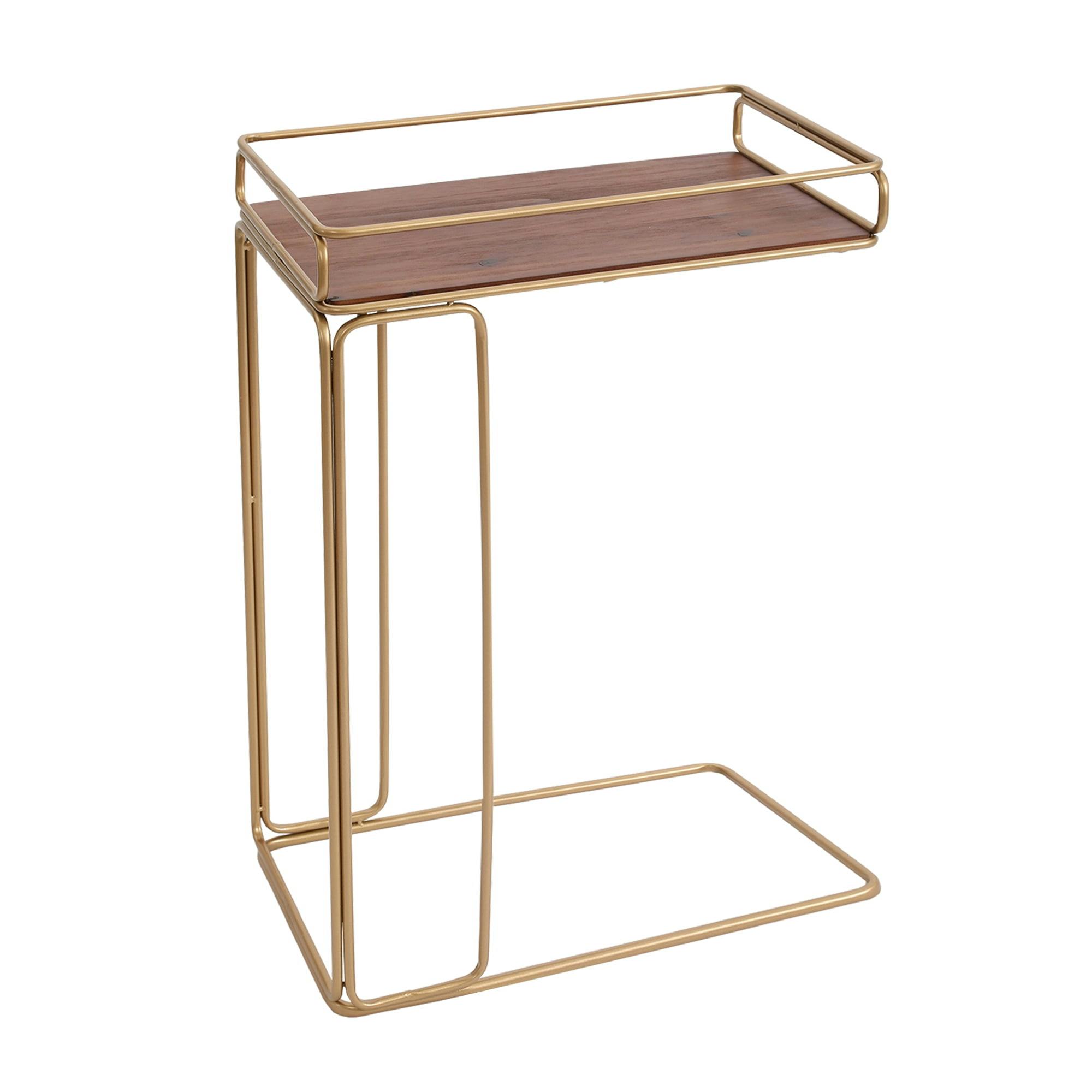 C-Shape Solid Wood and Matte Gold Metal Frame Side Table