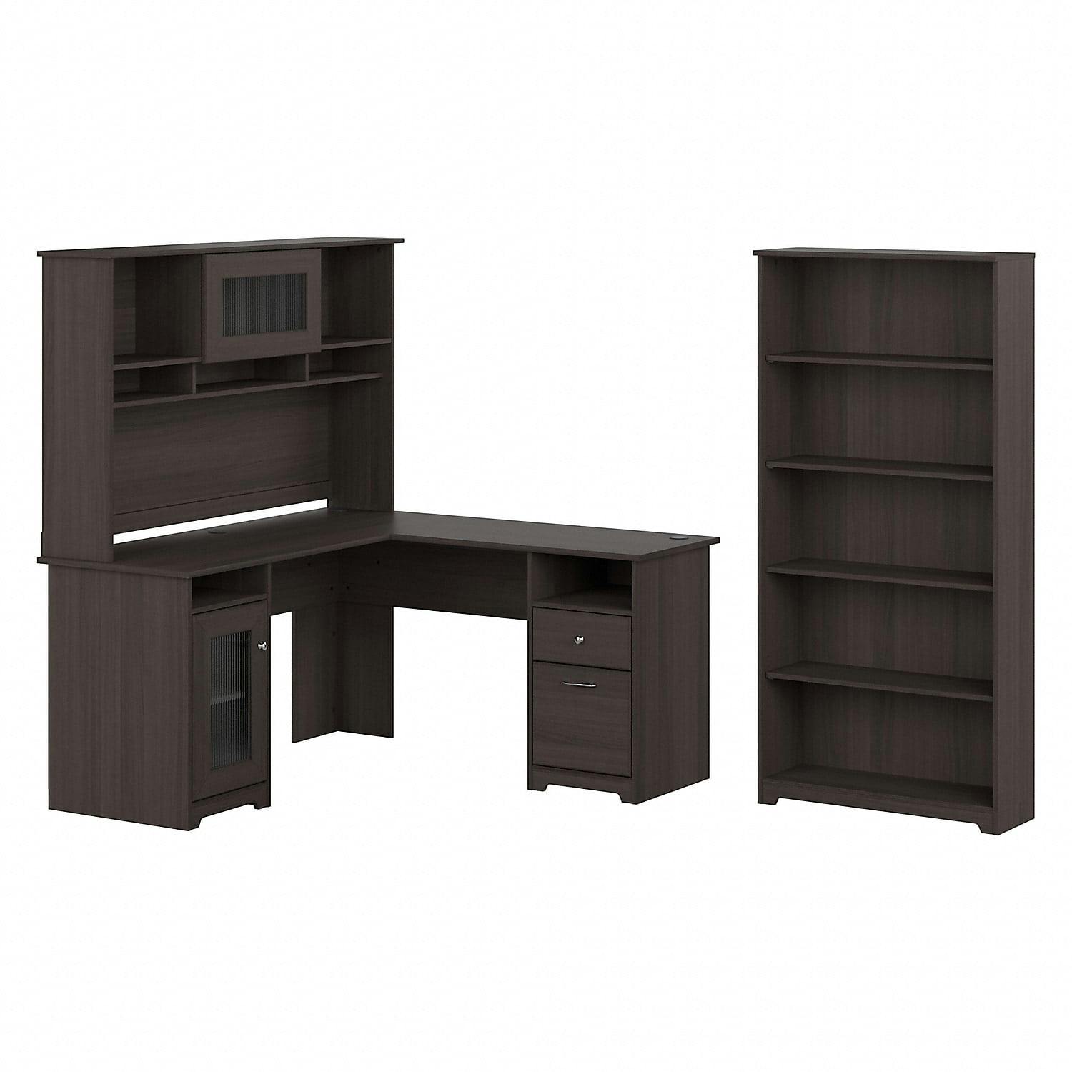 Heather Gray L-Shaped Computer Desk with Hutch and 5-Shelf Bookcase