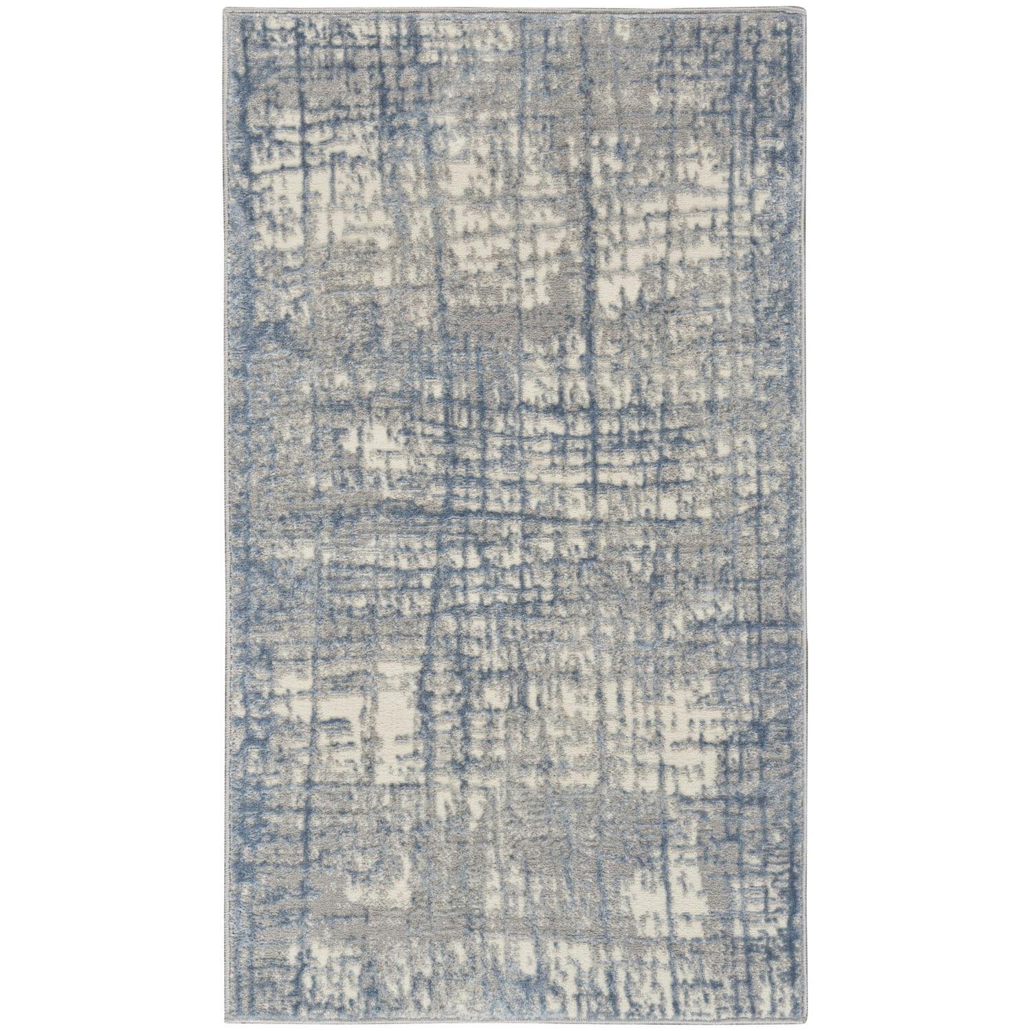 Ivory Blue Abstract Handmade Viscose Area Rug, 3'2" x 5'