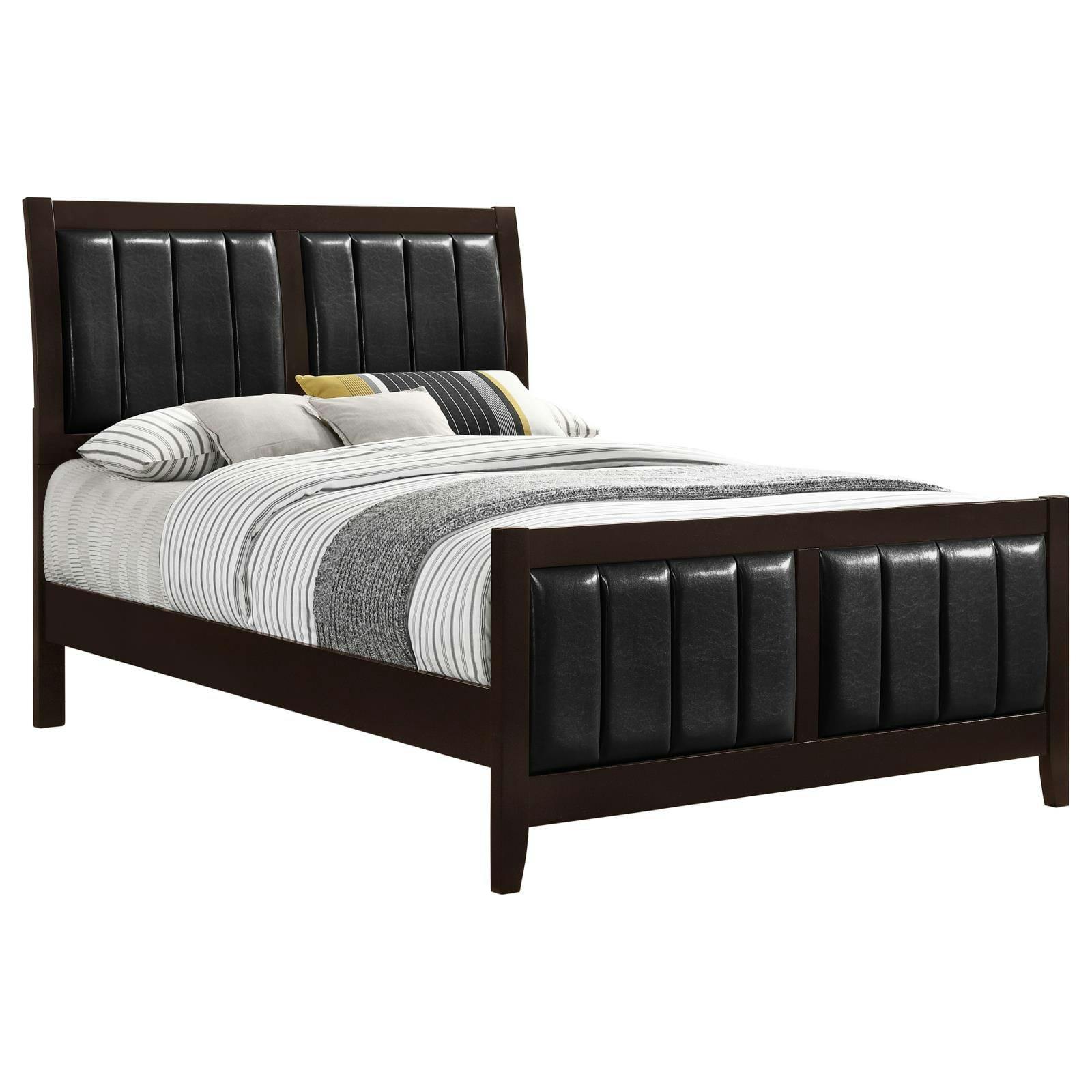 Carlton Queen Upholstered Bed with Drawer in Black Faux Leather and Cappuccino