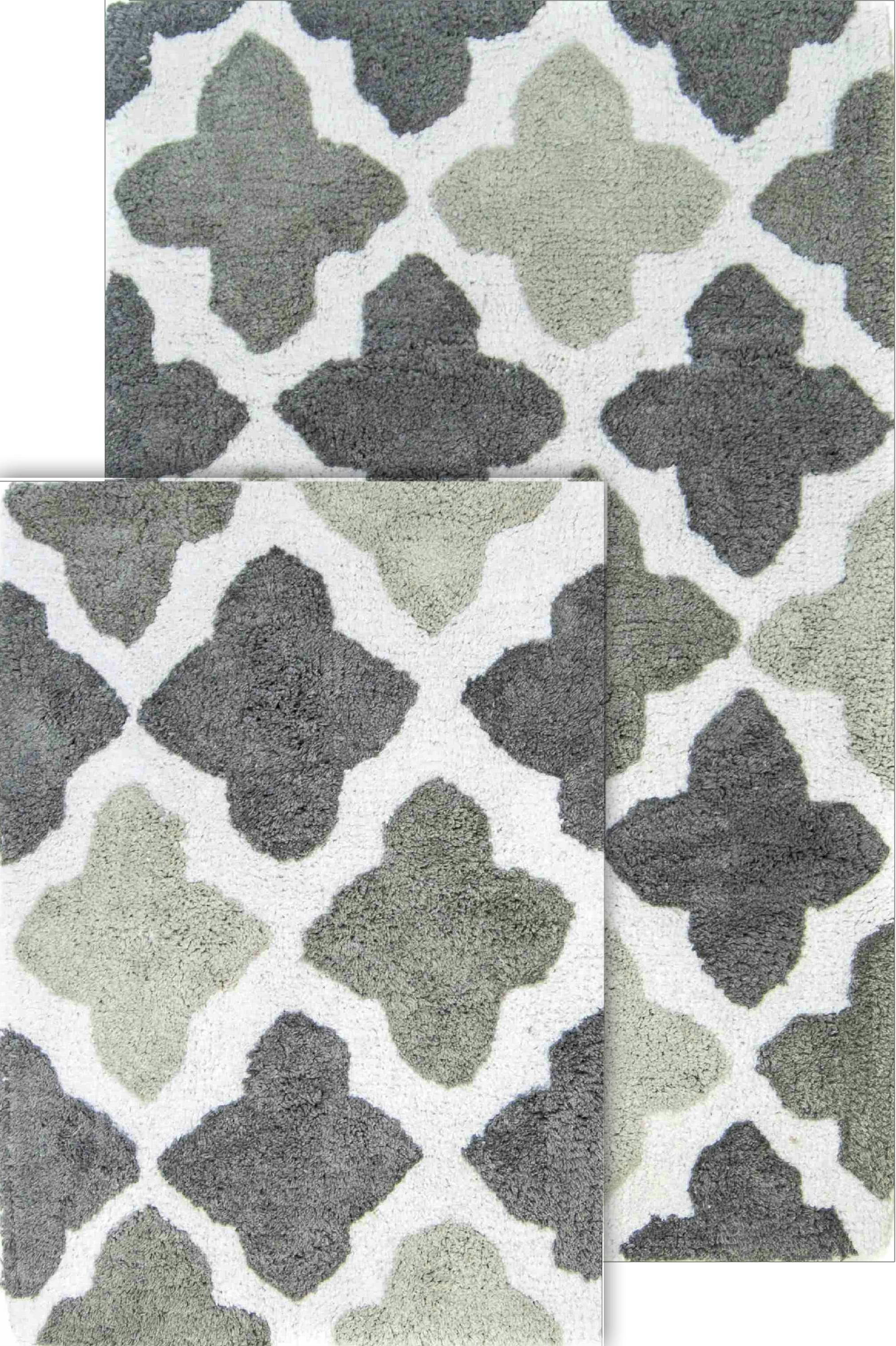 Moroccan Tiles Inspired Plush Gray Bath Rug Set - 2 Pieces