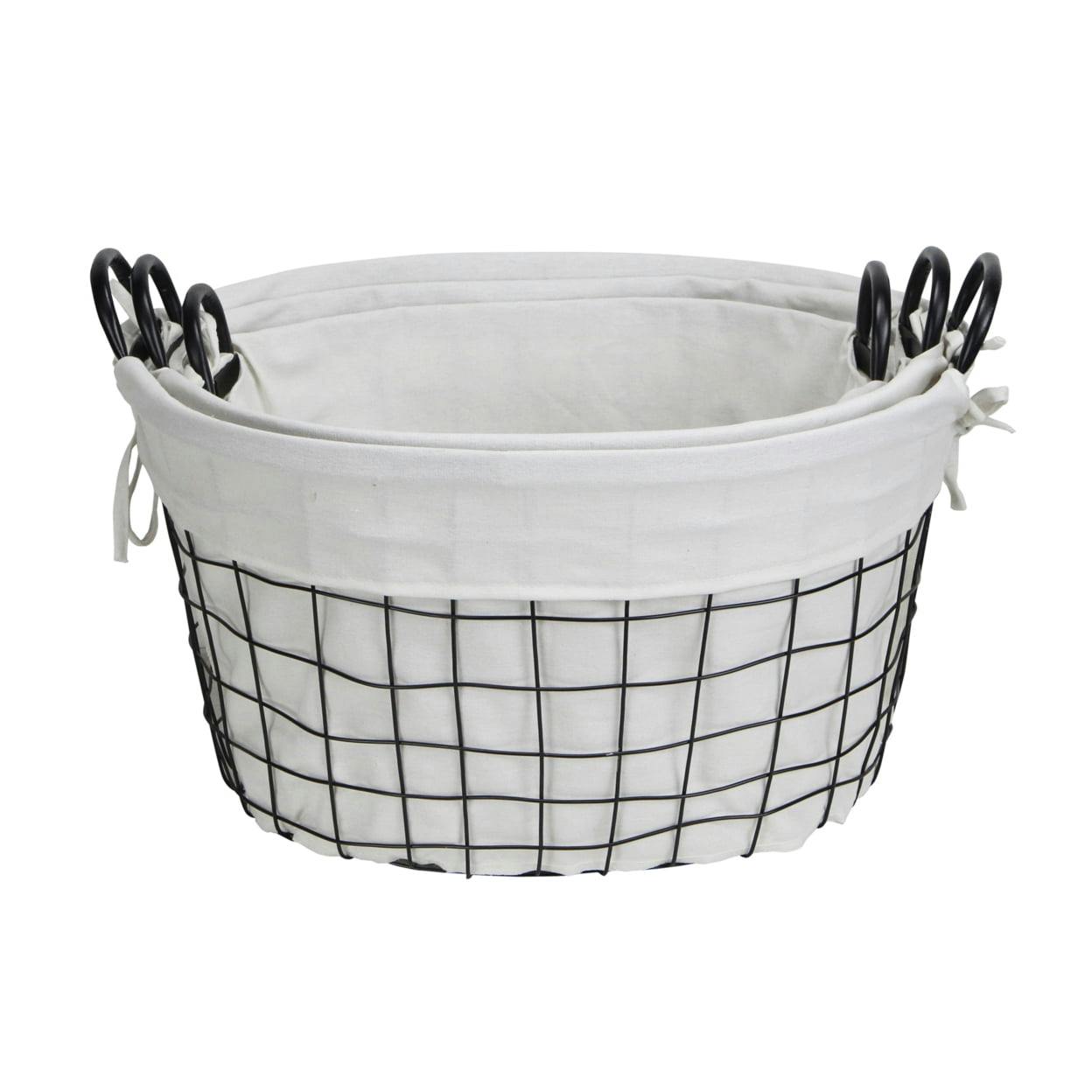 Elegant Black Metal & Linen Oval Storage Baskets - Set of 3