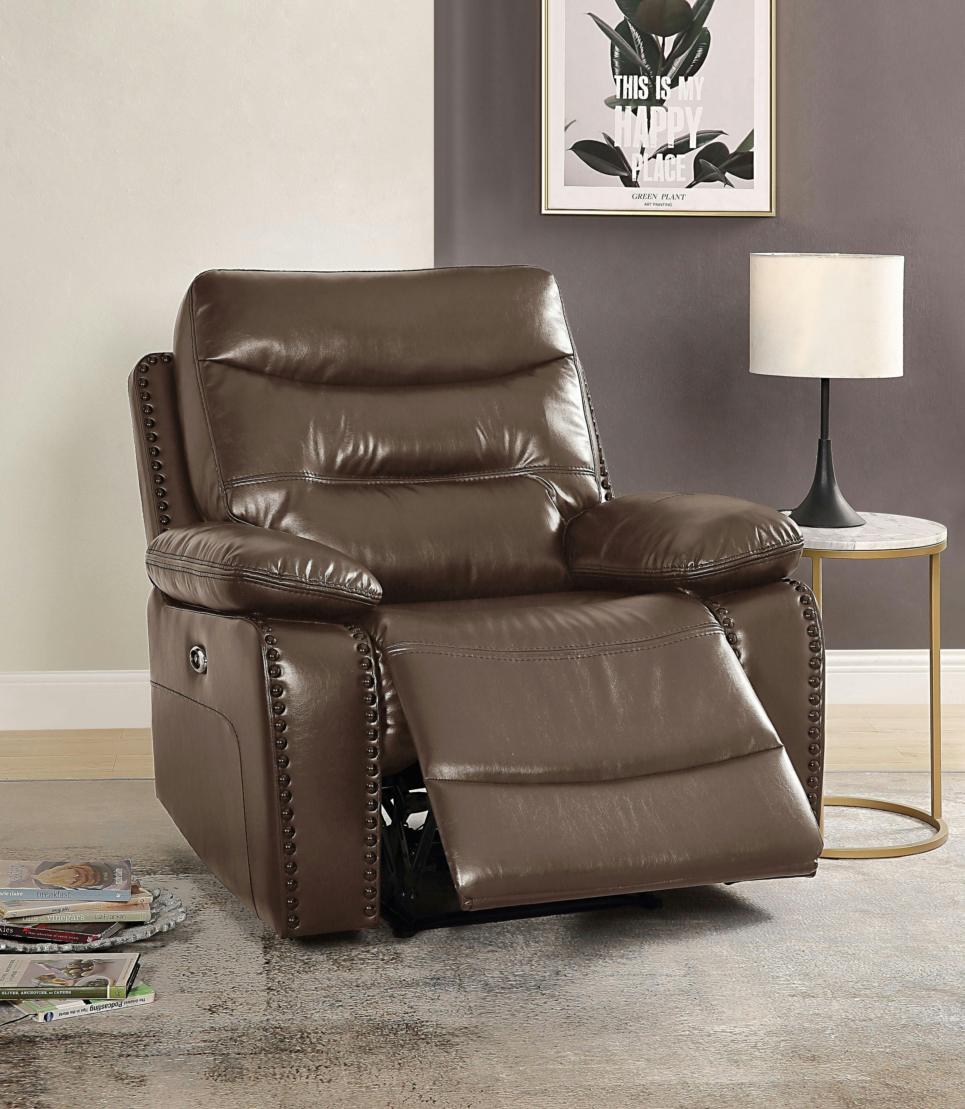 Horizon Brown Leather Recliner with Wood Accents
