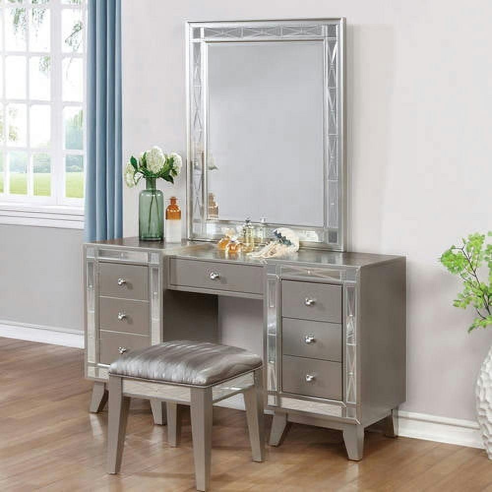 Transitional Gray Vanity Desk with Bench and Mirrored Accents