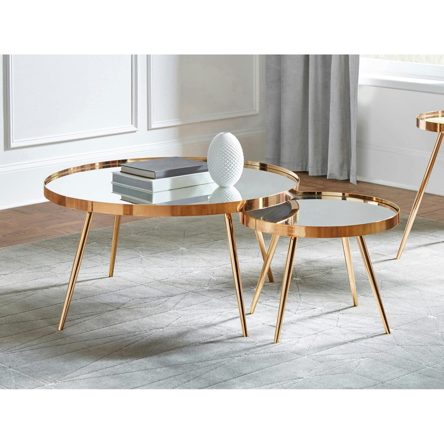 Modern Round Gold Mirrored Nesting Coffee Table Set