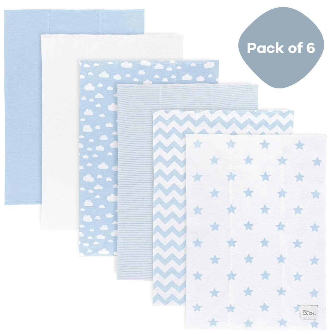 Soft Touch Blue Pattern 100% Cotton Absorbent Burp Cloth Set, Pack of 6