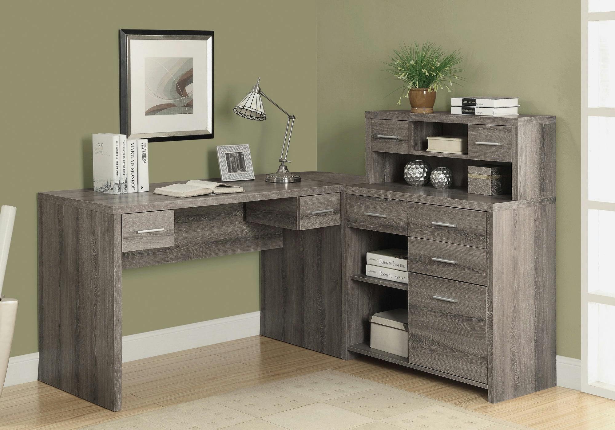 Executive L-Shaped Corner Desk with Hutch and Drawers in Dark Taupe