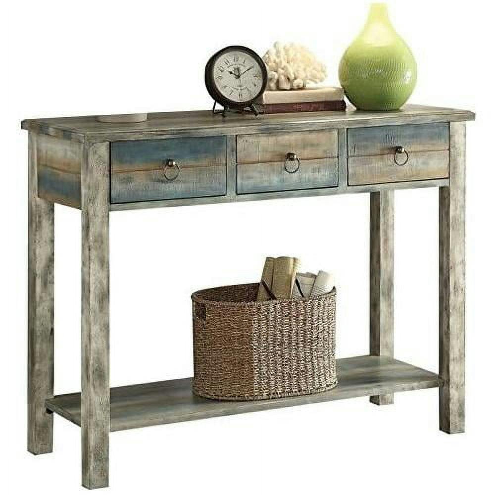 Antique White and Teal Wood Console Table with Storage