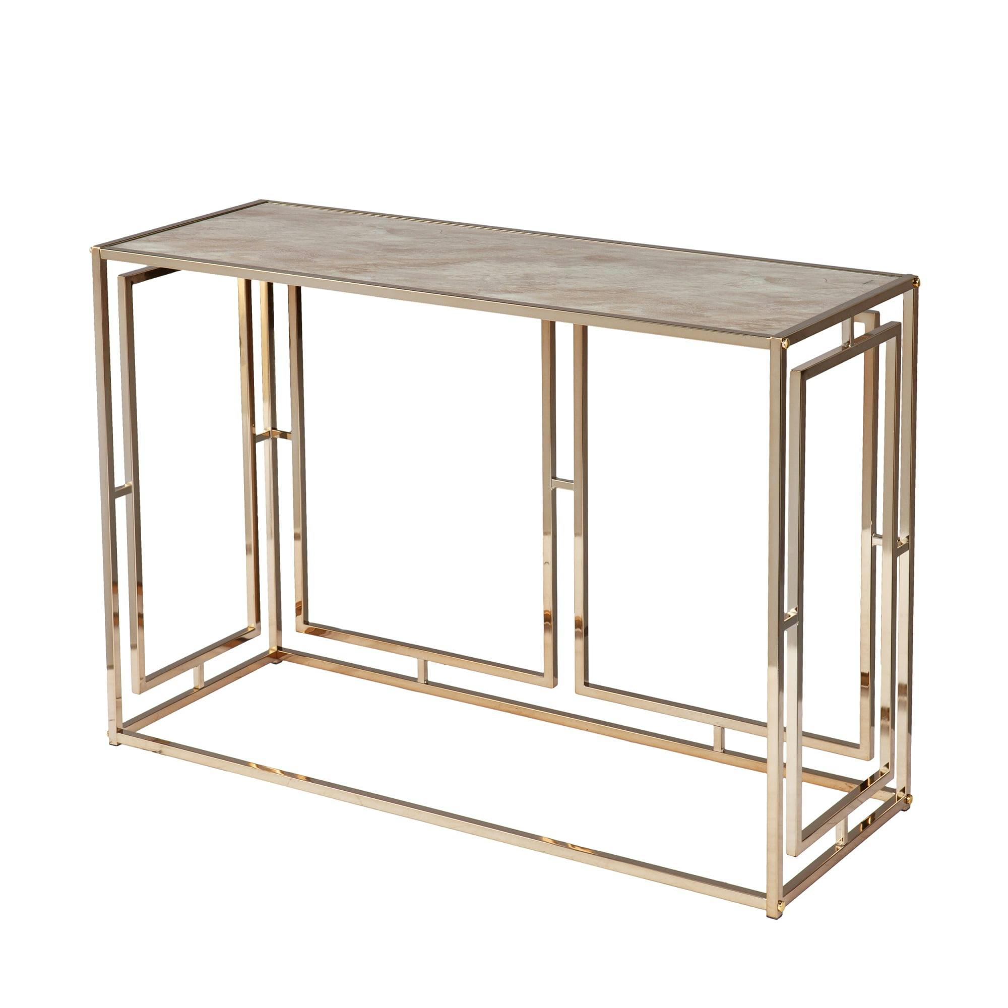 Elegant 43.75" Faux Marble Glass-Top Console Table with Metallic Frame