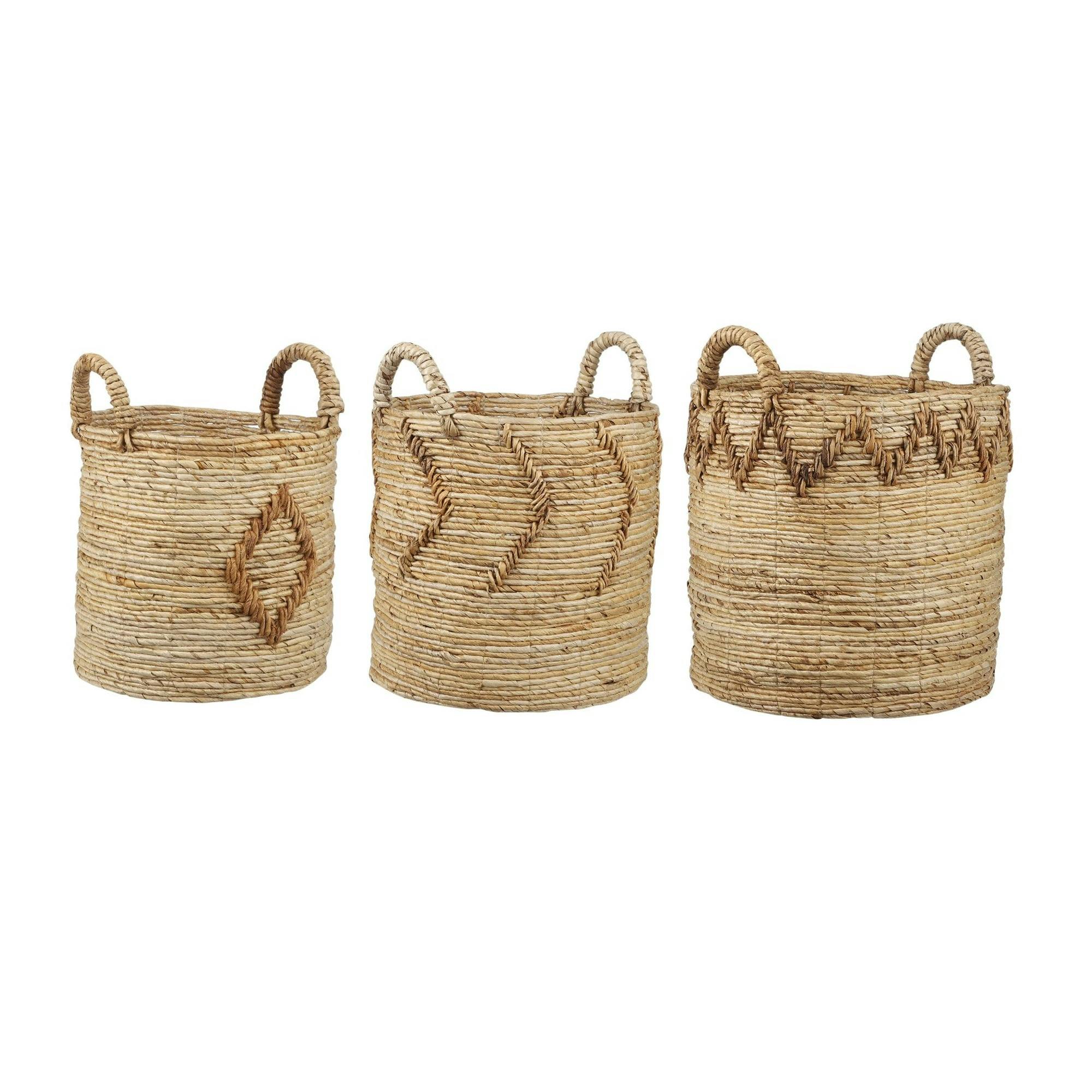 Rustic Charm Banana Leaf & Fabric Round Storage Baskets 15.75"