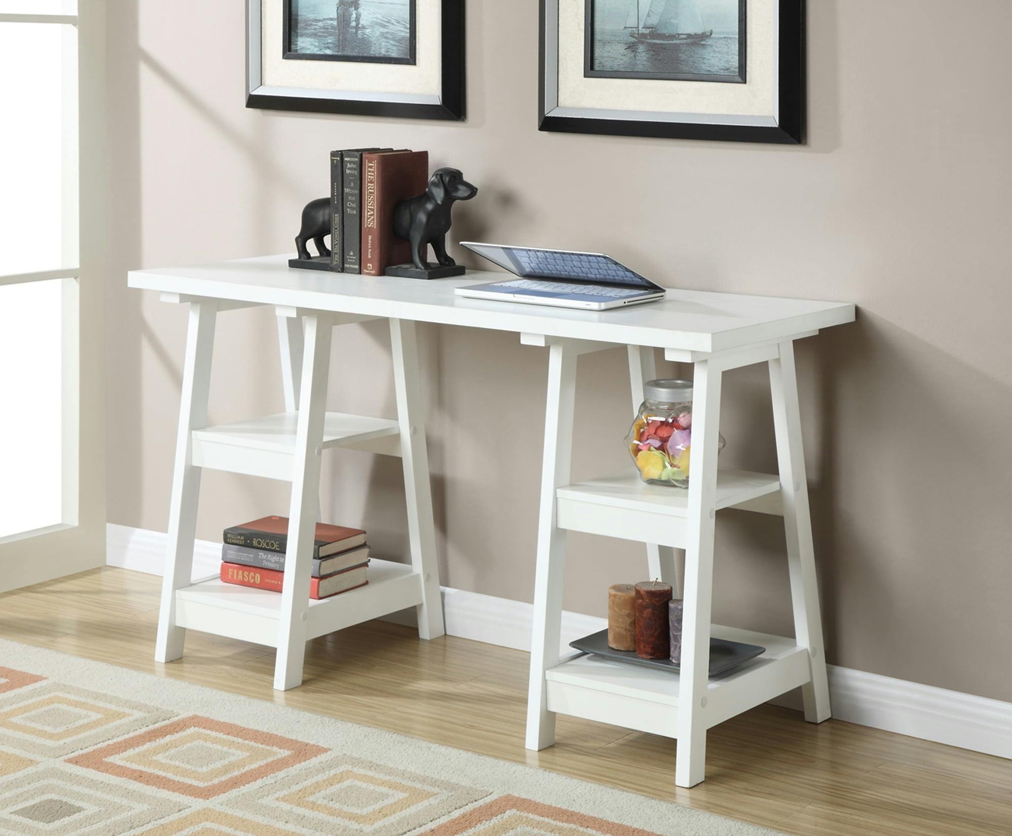 Elegant White Trestle Desk with Spacious Shelves and Ample Surface