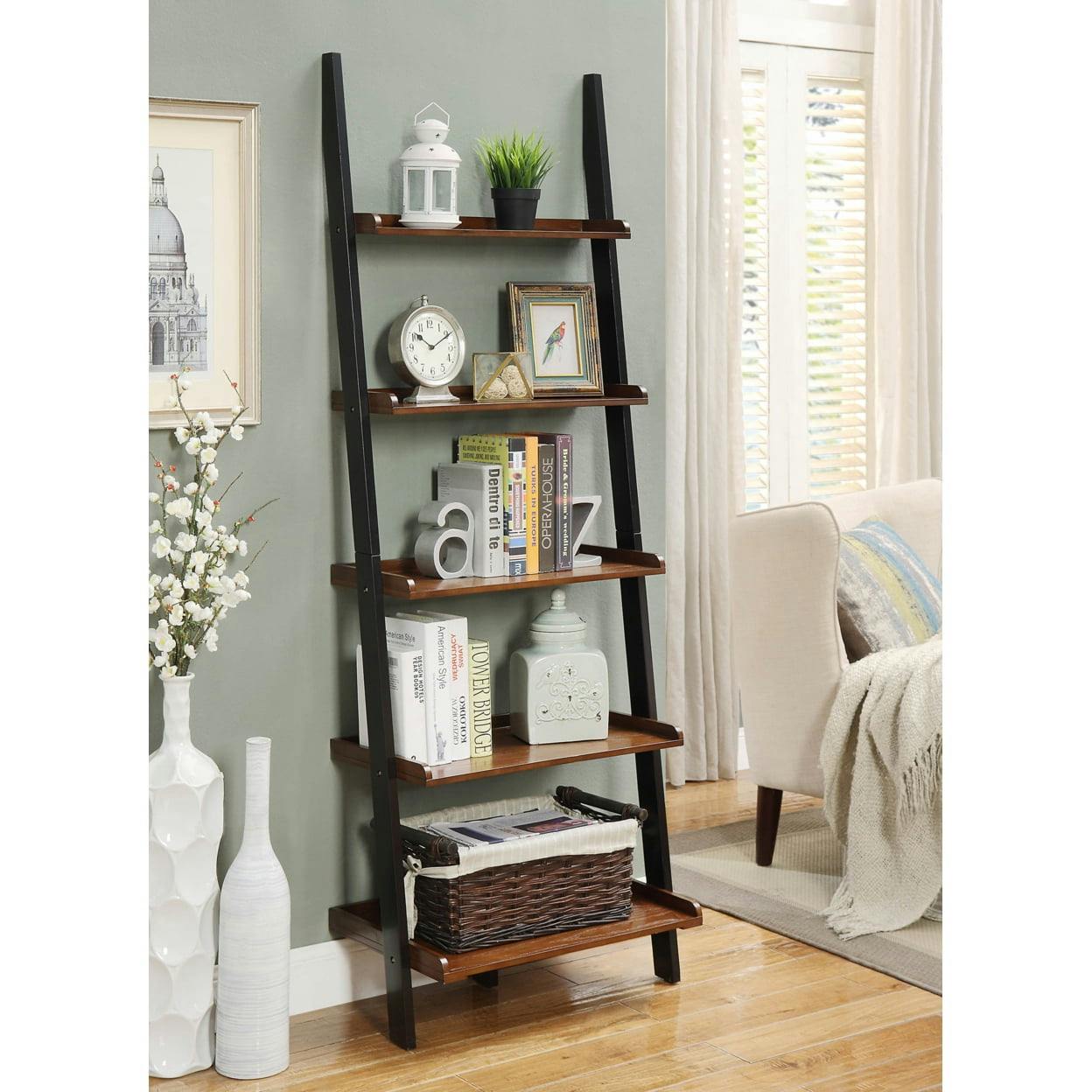 Elegant French Country 5-Shelf Ladder Bookcase in Dark Walnut and Black