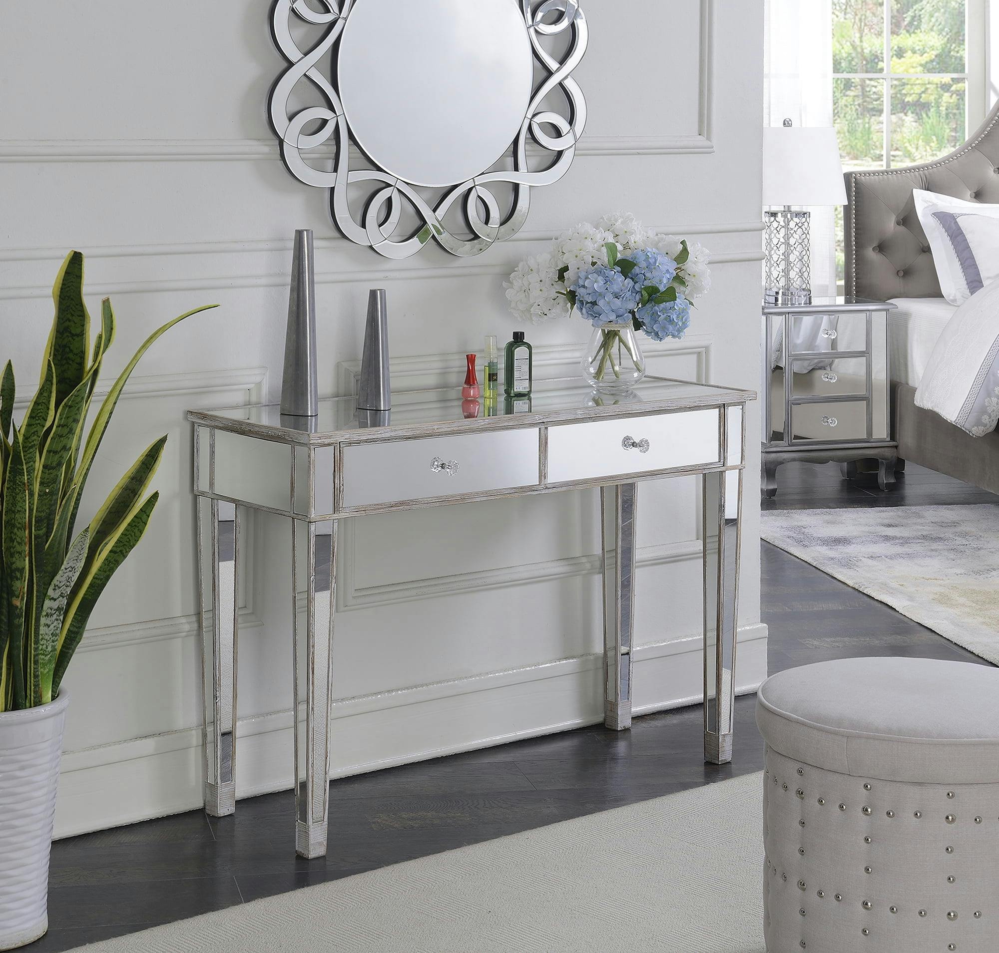 Gold Coast Weathered White Mirrored Desk with Crystal Drawer Pulls