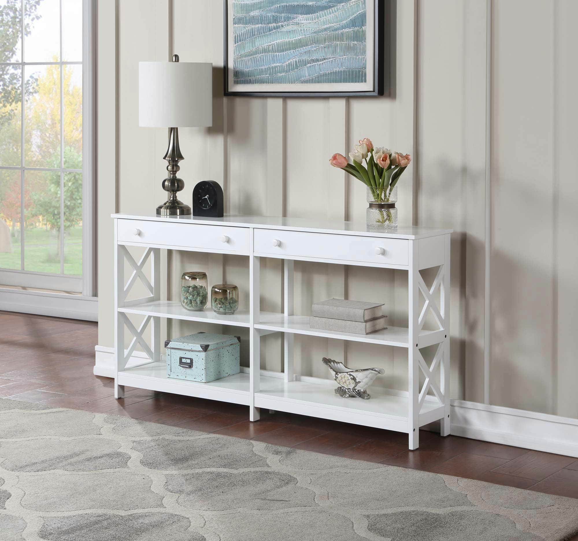 Oxford White 60" Console Table with Storage Shelves and Drawers