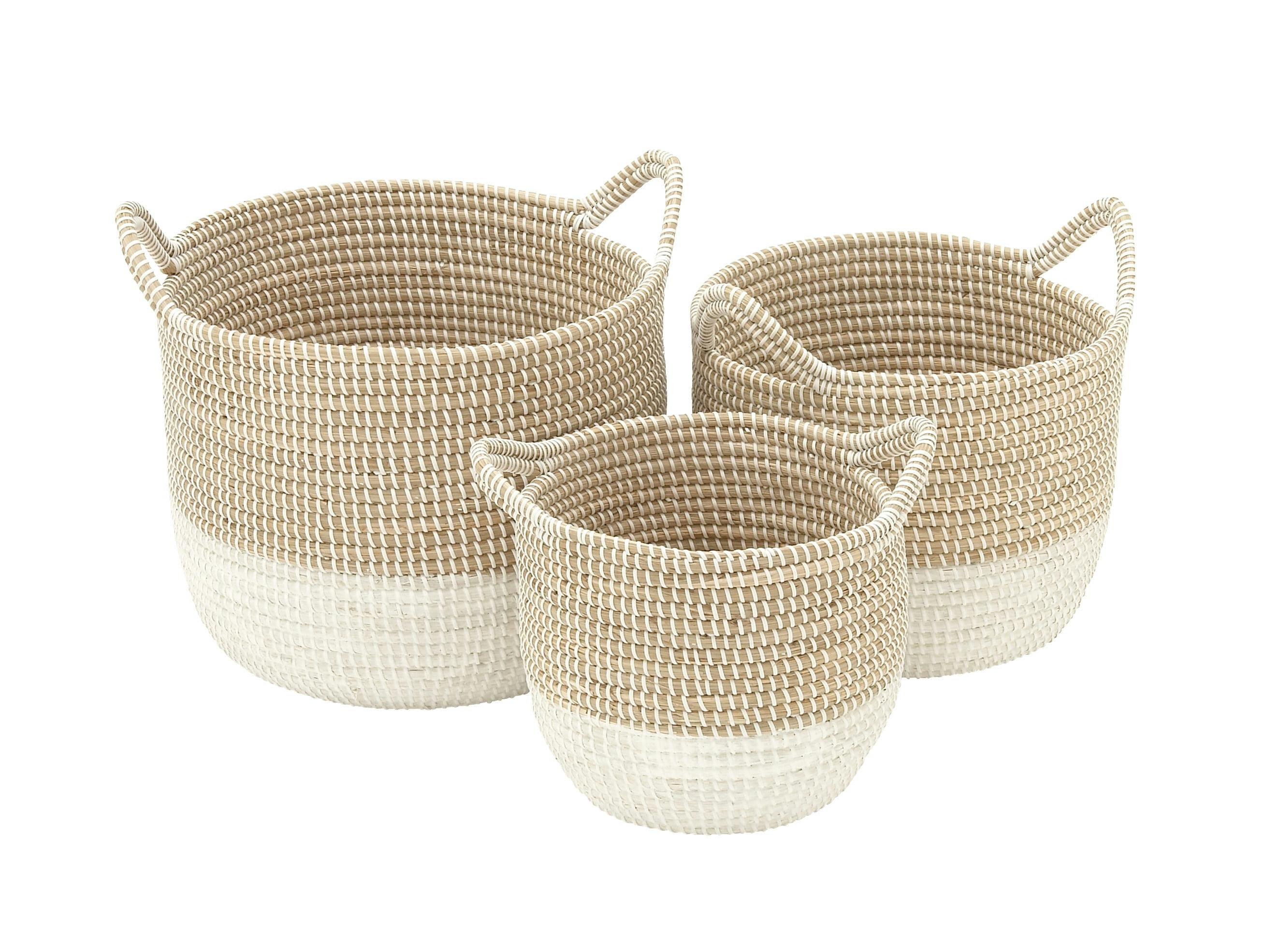 Cottage Charm White and Brown Seagrass Round Storage Baskets, Set of 3