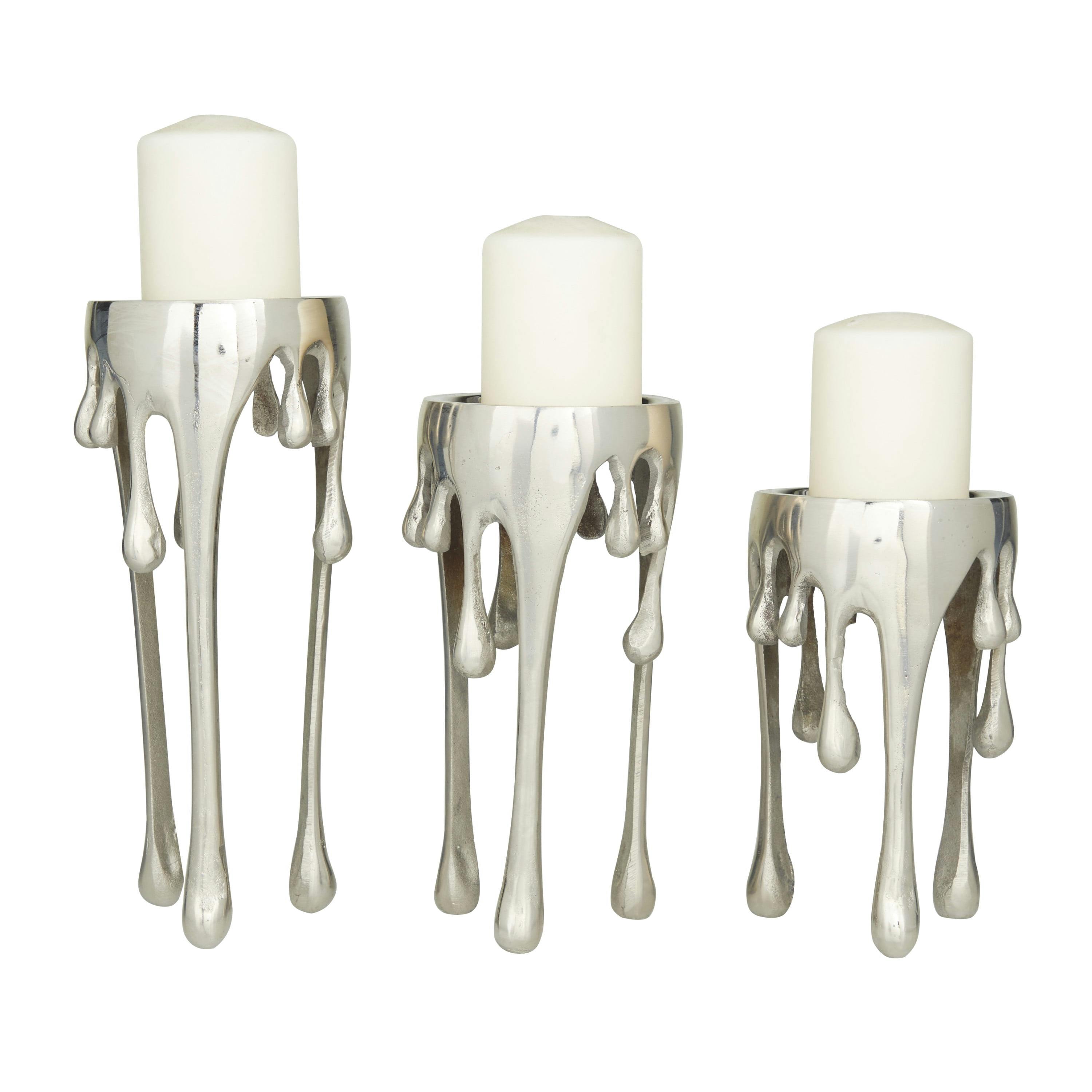Elegant Silver Aluminum Abstract Pillar Candle Holder Trio, 12"/10"/8" Set