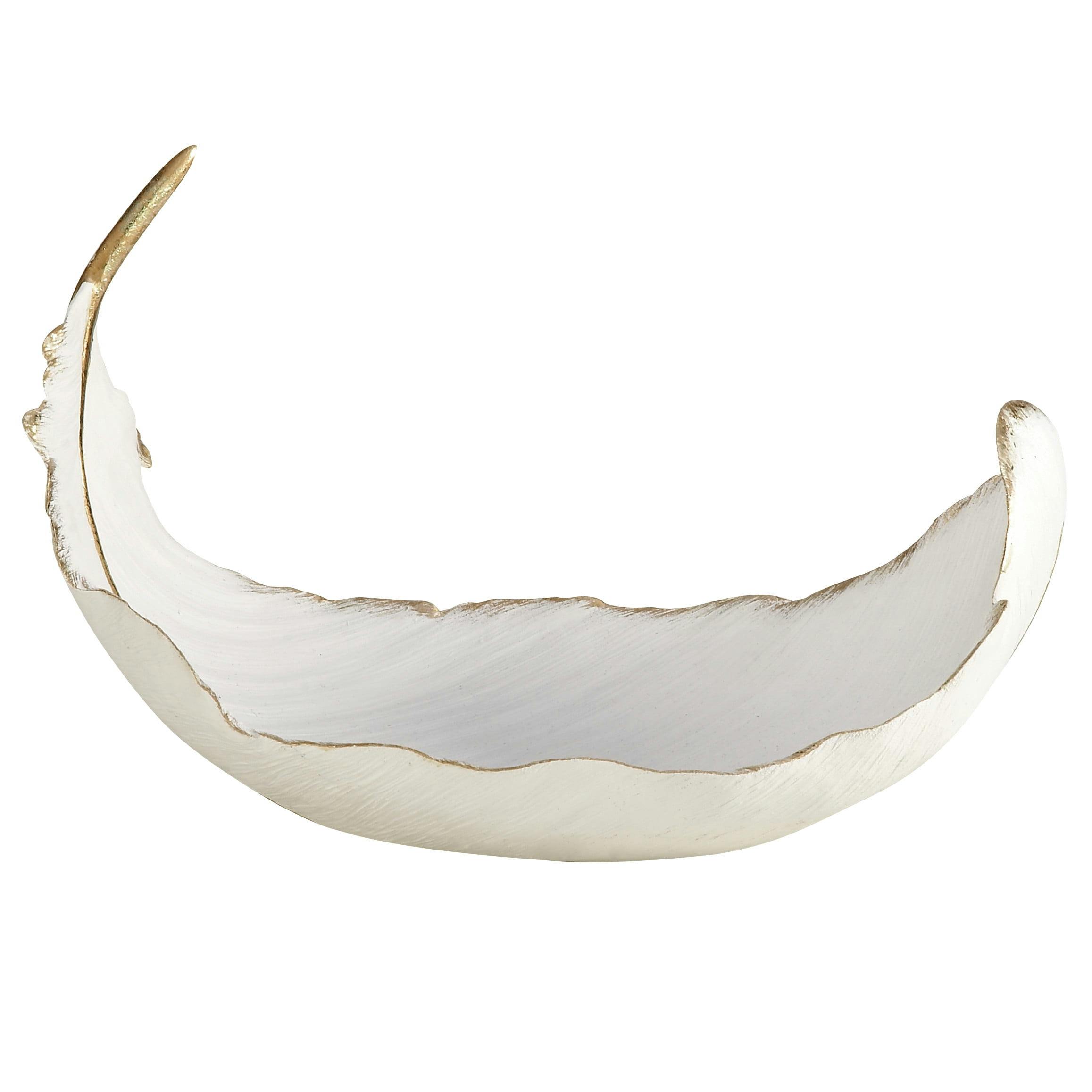 Elegant Oval White and Gold Polystone Feather Decorative Bowl