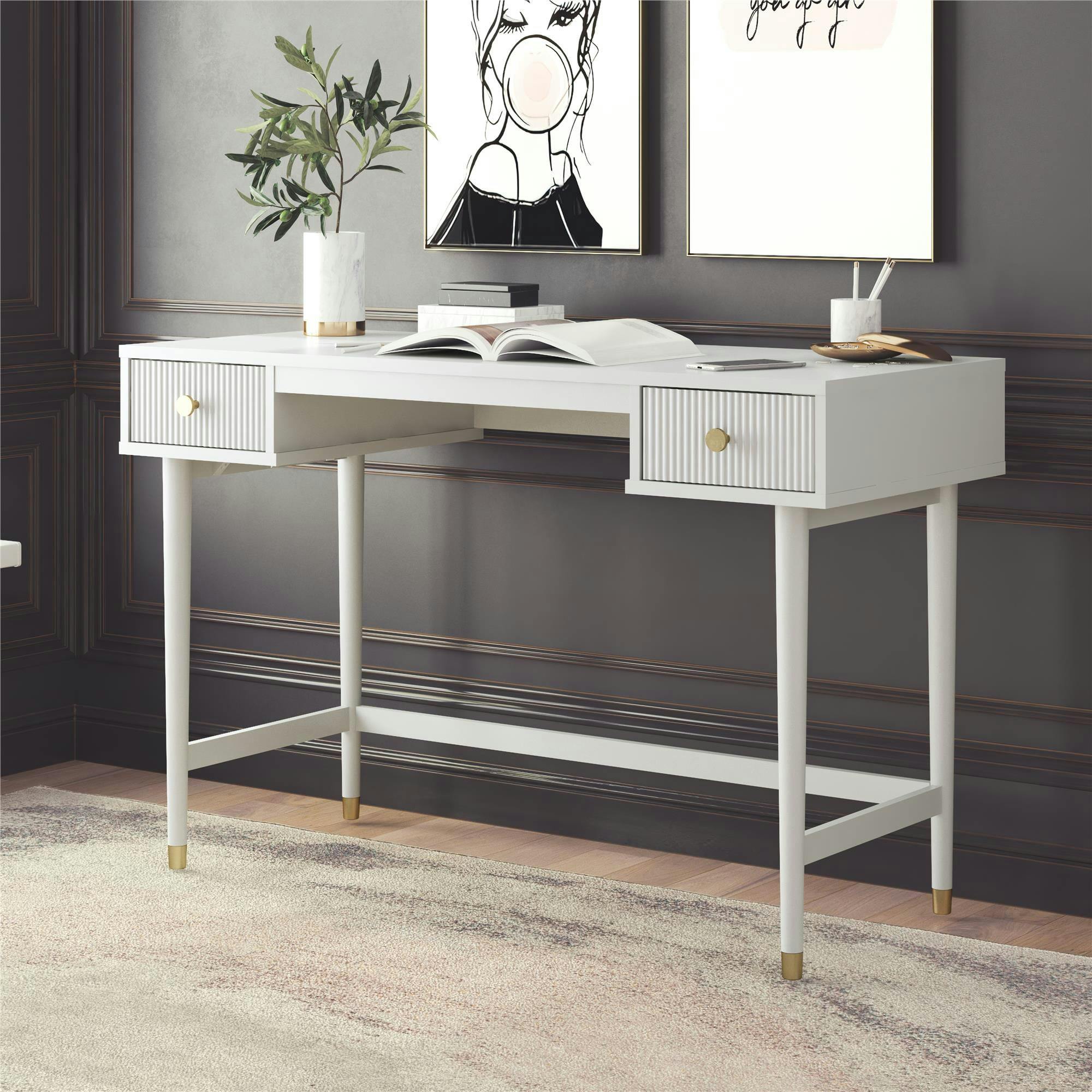 Elizabeth Midcentury Modern Dove Gray Desk with Gold Accents