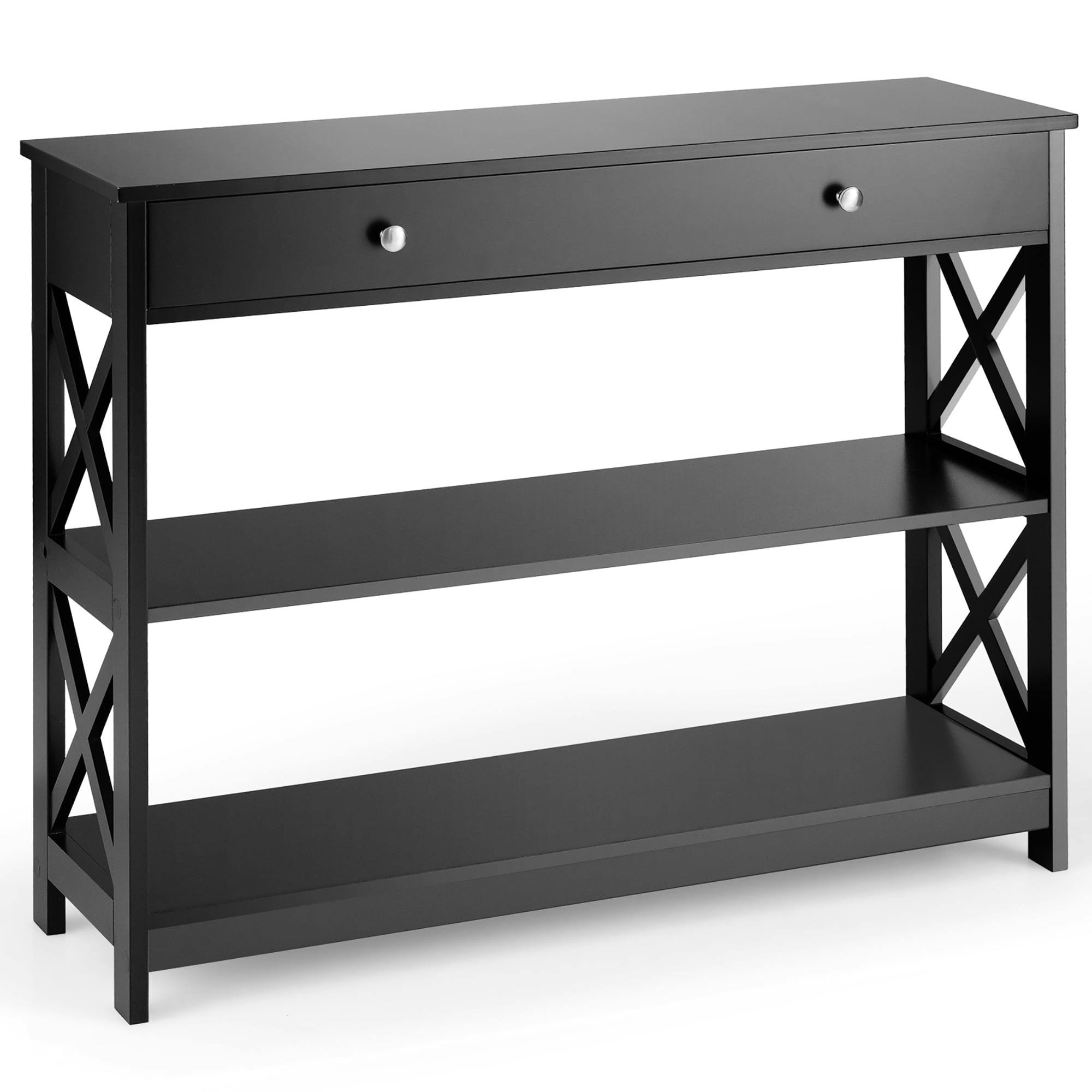 Elegant Black 3-Tier Console Table with Drawer and Shelves