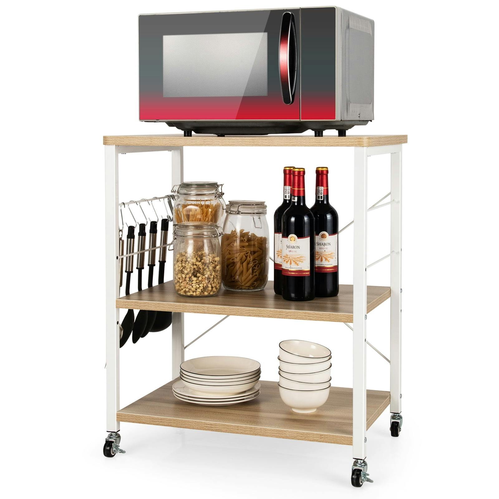 Maple and Beige 3-Tier Kitchen Cart with Wine Storage and Hooks