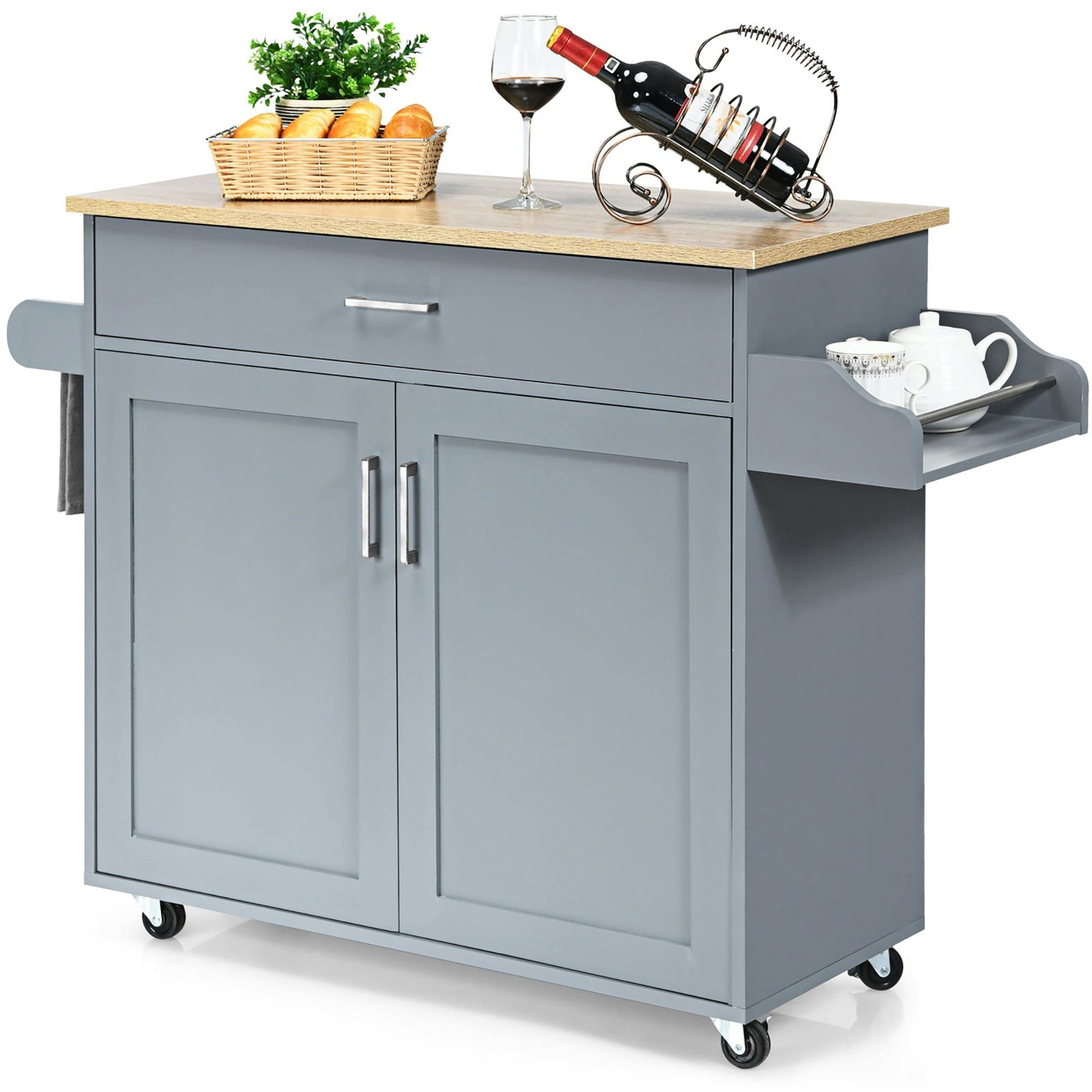 Costway Rectangular Rolling Kitchen Cart with Spice Rack in Matte Gray