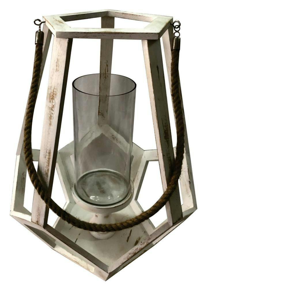 Geometrical Wood & Glass 16" Hanging Lantern with Hemp Rope
